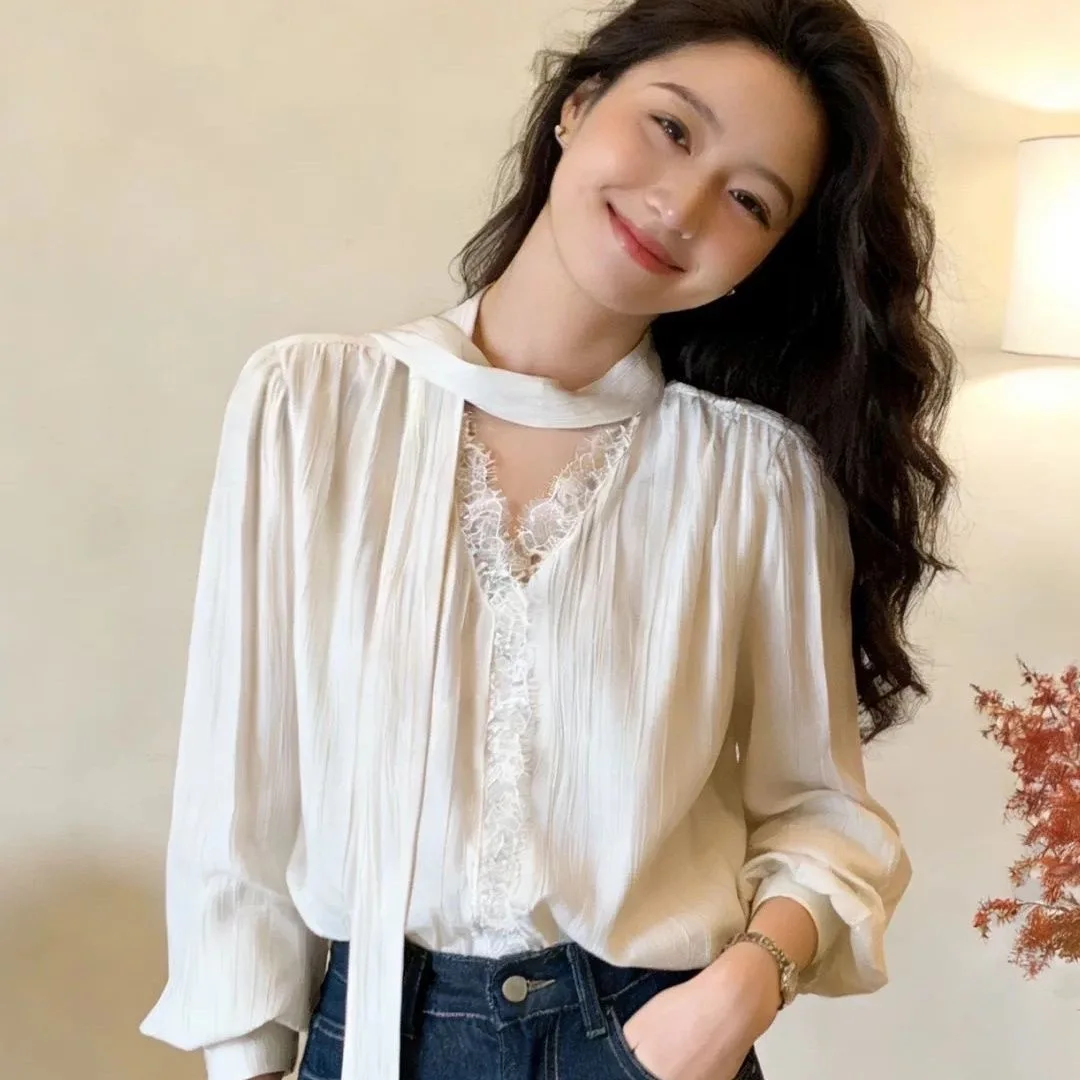 Elegant Necktie Chiffon Blouse Women's Spring Design Lace Apricot Color Shirt Top Gentle Wind Style V-neck Polyester Fiber
Elegant Necktie Chiffon Blouse Women's Spring Design Lace Apricot Color Shirt Top Gentle Wind Style V-neck Polyester Fiber