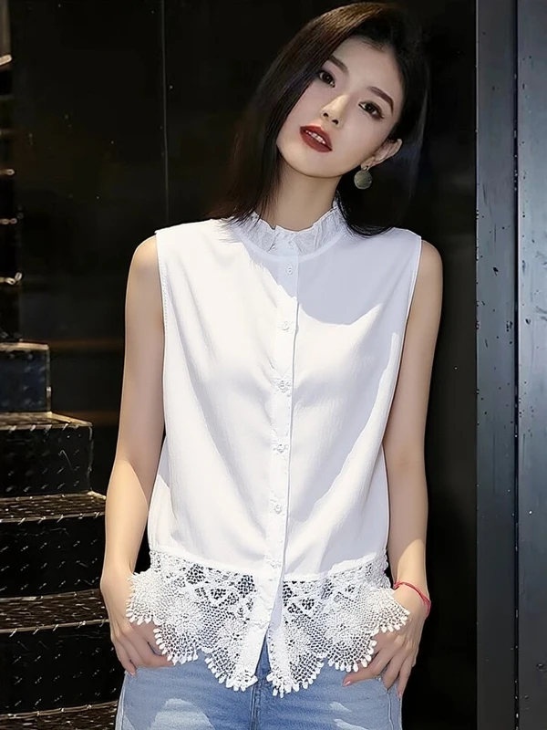 Lace Patchwork Sleeveless Shirt Women's Summer New plus Size Fashion Slimming Versatile Small Shirt Korean Style Loose Fit
Lace Patchwork Sleeveless Shirt Women's Summer New plus Size Fashion Slimming Versatile Small Shirt Korean Style Loose Fit