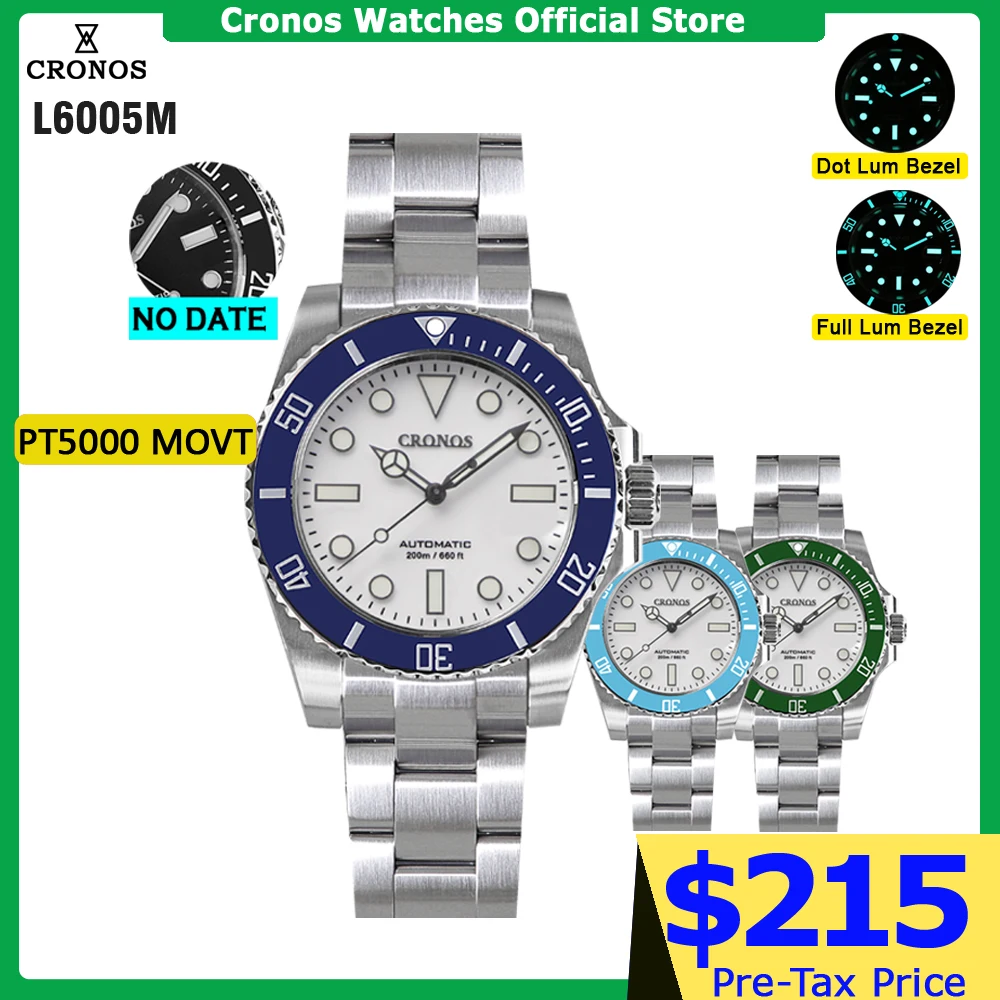 Cronos Sub Diver Men Watch White Dial PT5000 Brushed Bracelet No Date Ceramic Bezel 200 meters Water Resistant L6005M
Cronos Sub Diver Men Watch White Dial PT5000 Brushed Bracelet No Date Ceramic Bezel 200 meters Water Resistant L6005M