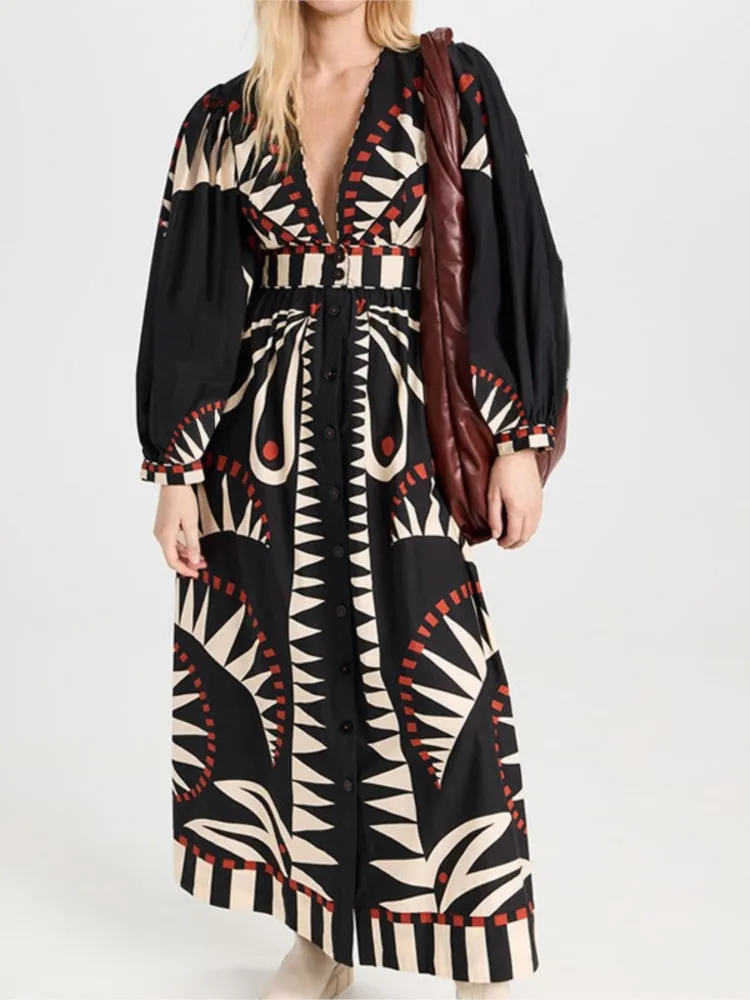 Black V-neck Printed Dresses Lantern Sleeve Lady Fashion High Waist Long Vestidos Classic 2025 New Female Vocation Robes Outfits
Black V-neck Printed Dresses Lantern Sleeve Lady Fashion High Waist Long Vestidos Classic 2025 New Female Vocation Robes Outfits