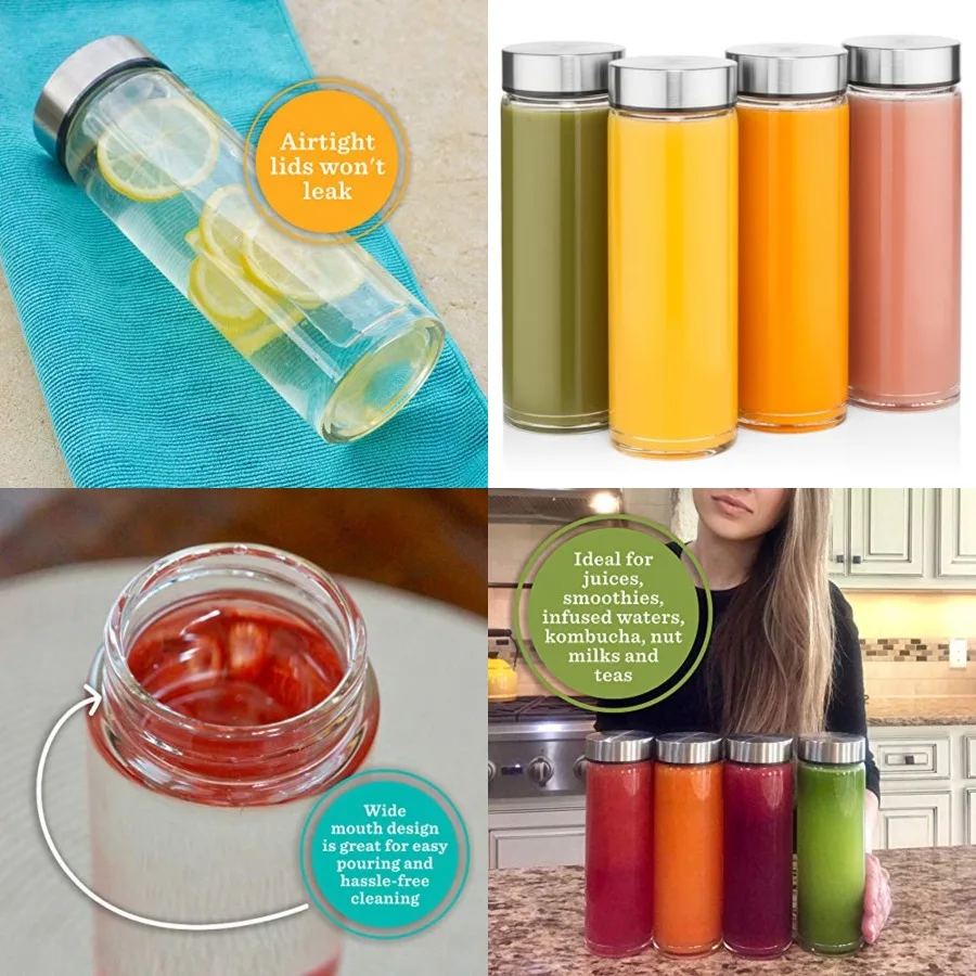 Juice Bottles - 4 Pack Wide Mouth Glass Bottles with Lids - for Juicing, Smoothies, Infused Water, Beverage Storage -, BPA Free
Juice Bottles - 4 Pack Wide Mouth Glass Bottles with Lids - for Juicing, Smoothies, Infused Water, Beverage Storage -, BPA Free
