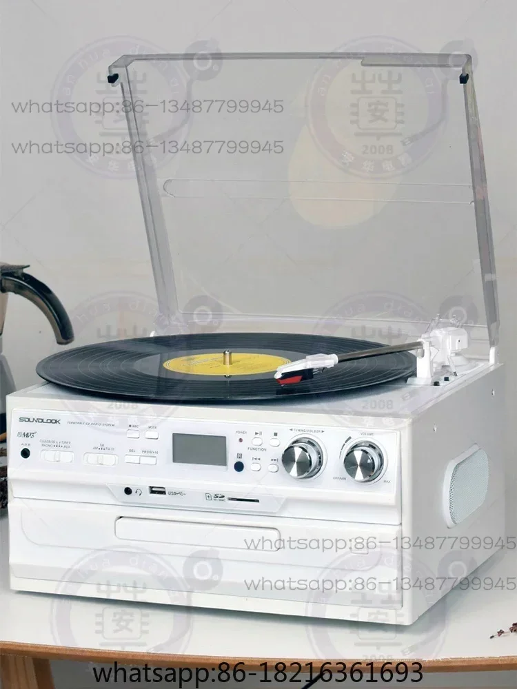 Black vinyl record player, CDFM receiver, USB drive, SD card, LP retro sound system, old-fashioned record player, phonograph
Black vinyl record player, CDFM receiver, USB drive, SD card, LP retro sound system, old-fashioned record player, phonograph