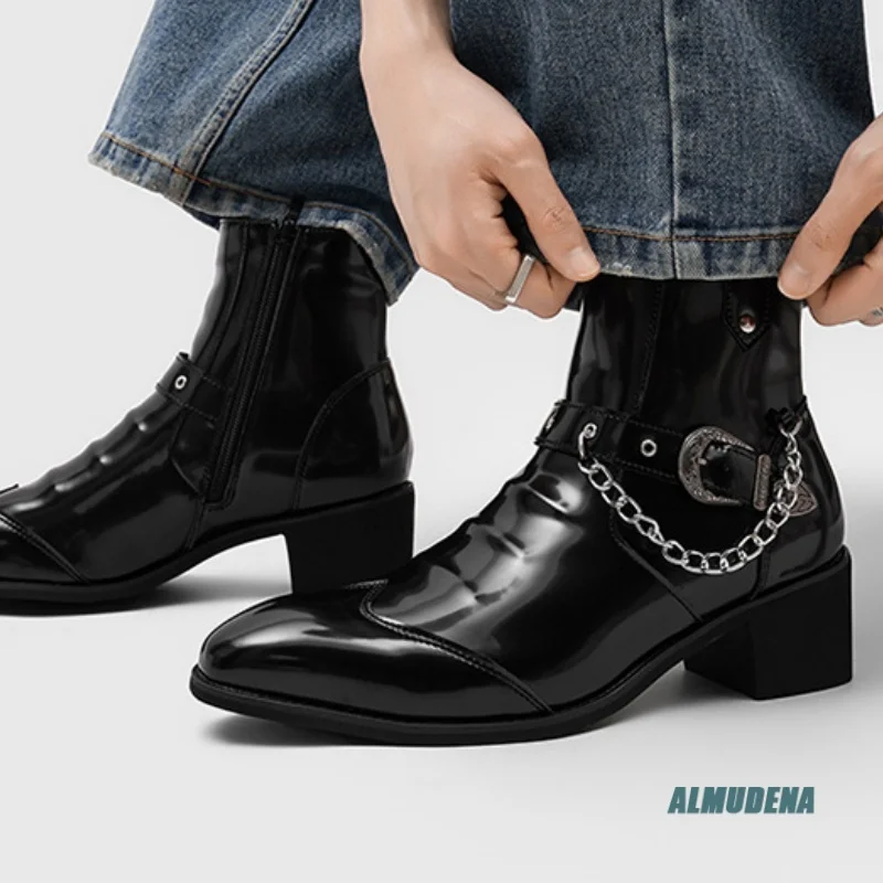 Retro Black Patent Leather Ankle Boots Men Trendy Pointed Toe Metal Buckle Chain Side Zipper Block Heel Outdoor Punk Short Boots
Retro Black Patent Leather Ankle Boots Men Trendy Pointed Toe Metal Buckle Chain Side Zipper Block Heel Outdoor Punk Short Boots