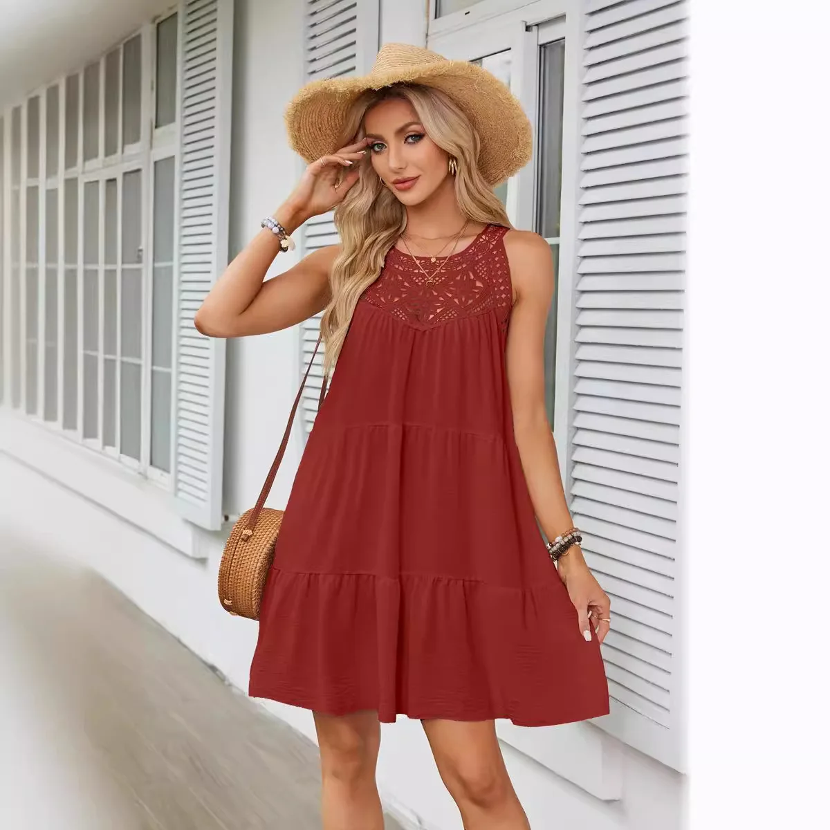 Women's Summer Beach Mini Round Neck Strap Hanging Neck Sleeveless Folded Hollow Lace Solid Color Bohemian A-line Dress
Women's Summer Beach Mini Round Neck Strap Hanging Neck Sleeveless Folded Hollow Lace Solid Color Bohemian A-line Dress