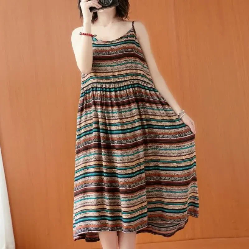 Women Bohemian Striped Spaghetti Strap Loose A-Line Midi Dress Summer Casual Sleeveless Flowy Maxi Dress for Beach Vacation
Women Bohemian Striped Spaghetti Strap Loose A-Line Midi Dress Summer Casual Sleeveless Flowy Maxi Dress for Beach Vacation