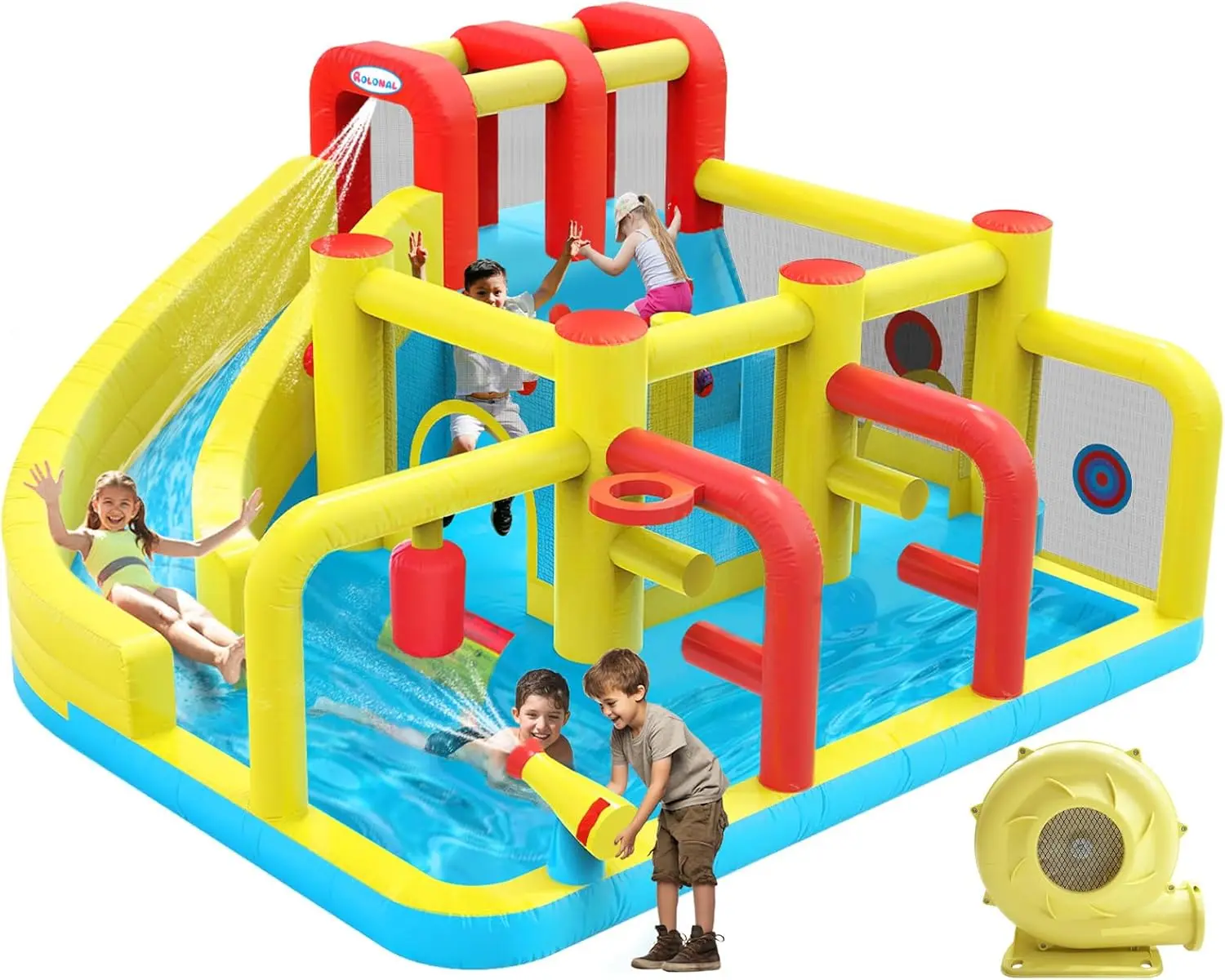 Kids Inflatable Water Slide Bounce House with Air Blower, Basketball Hoop, Obstacle, Throw Ball Game & Inflatable Sandbags, 12.5ft x 11.4ft, for Indoor, Outdoor, Backyard Birthday Party
Kids Inflatable Water Slide Bounce House with Air Blower, Basketball Hoop, Obstacle, Throw Ball Game & Inflatable Sandbags, 12.5ft x 11.4ft, for Indoor, Outdoor, Backyard Birthday Party