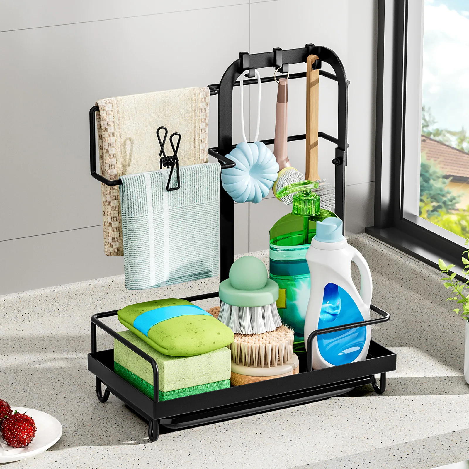 Multifunctional Kitchen Countertop Organizer Suitable for Sponge Brush Gloves Cloth Storage with Detachable Tray Towel Bar Hook
Multifunctional Kitchen Countertop Organizer Suitable for Sponge Brush Gloves Cloth Storage with Detachable Tray Towel Bar Hook