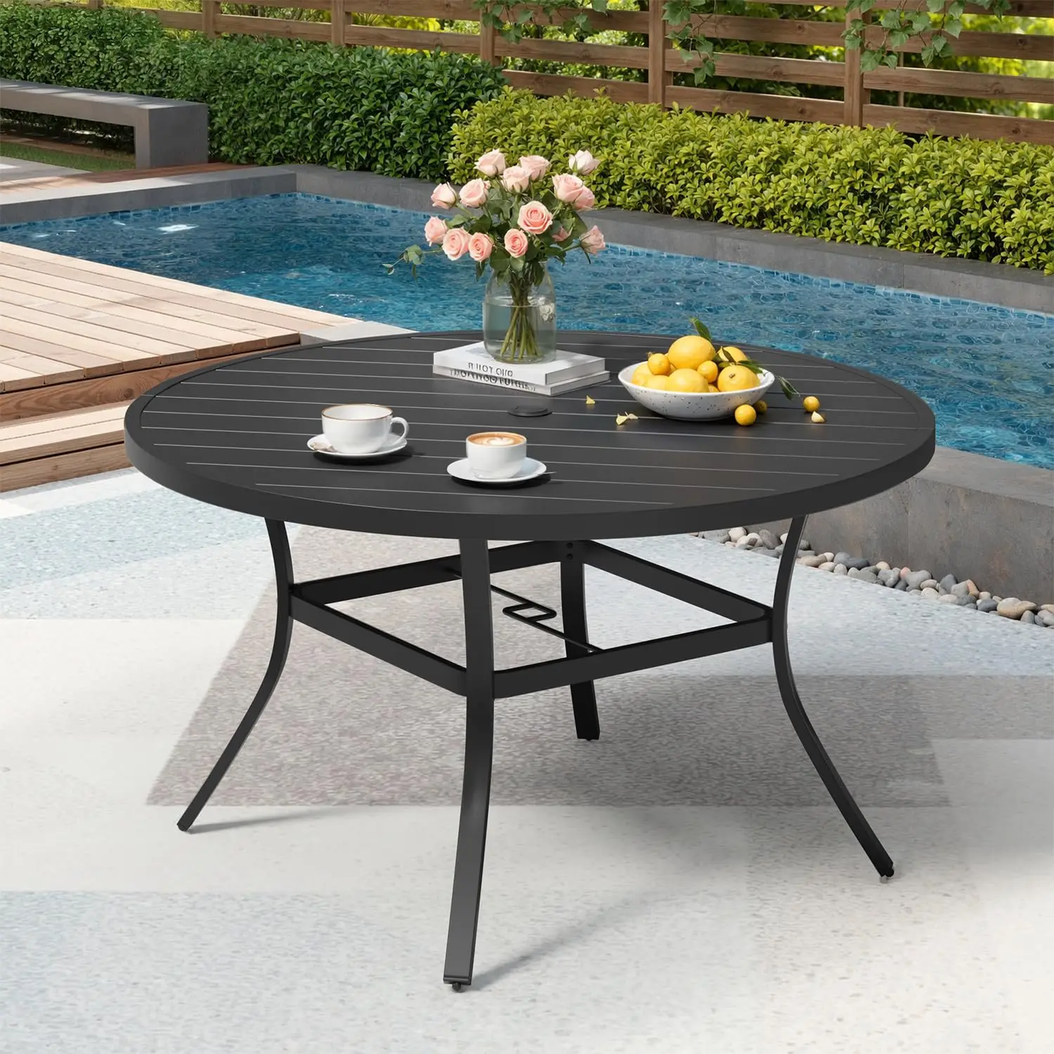 53'' Round Outdoor Dining Table for 6, Metal Patio Dining Table with Umbrella Hole, All-Weather Black Table, Customized
53'' Round Outdoor Dining Table for 6, Metal Patio Dining Table with Umbrella Hole, All-Weather Black Table, Customized
