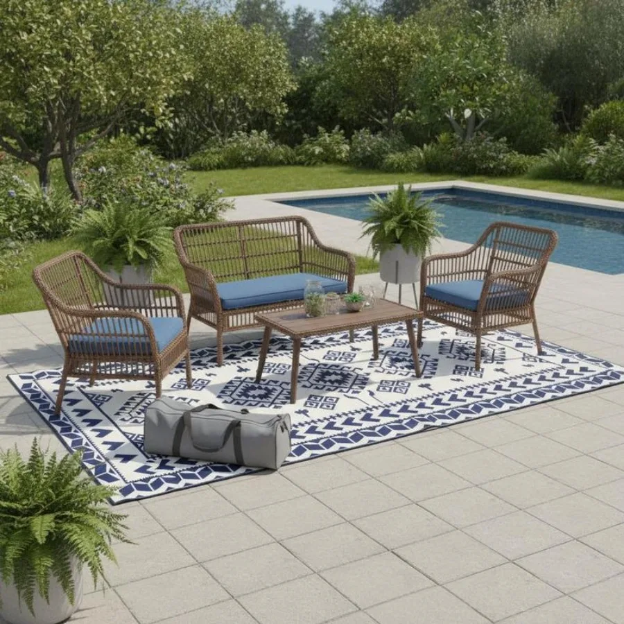 Reversible Outdoor Rug, Waterproof Plastic Straw with Carry Bag, 9' x 18', Blue & White Rhombus Patchwork
Reversible Outdoor Rug, Waterproof Plastic Straw with Carry Bag, 9' x 18', Blue & White Rhombus Patchwork