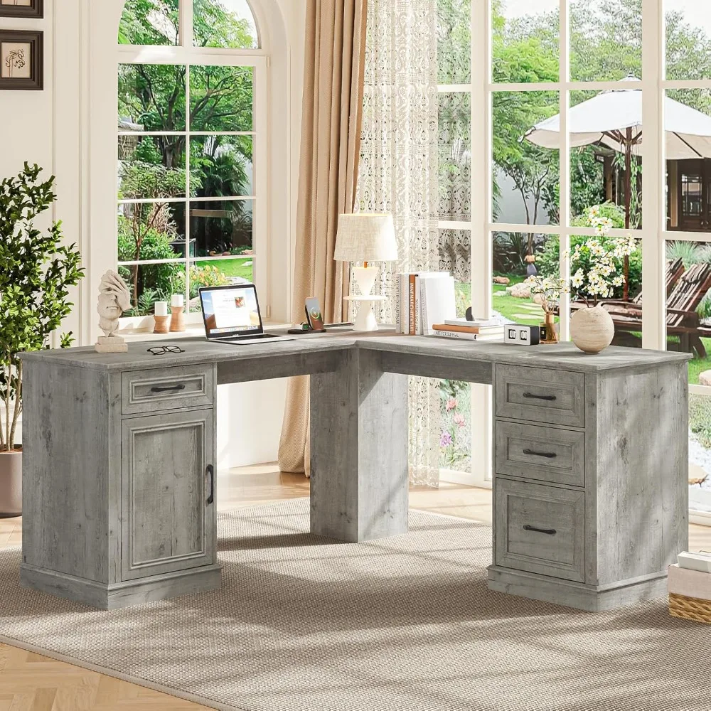 L-shaped administrative desk with drawers, wooden home office corner table with charging station, file drawer, storage room
L-shaped administrative desk with drawers, wooden home office corner table with charging station, file drawer, storage room