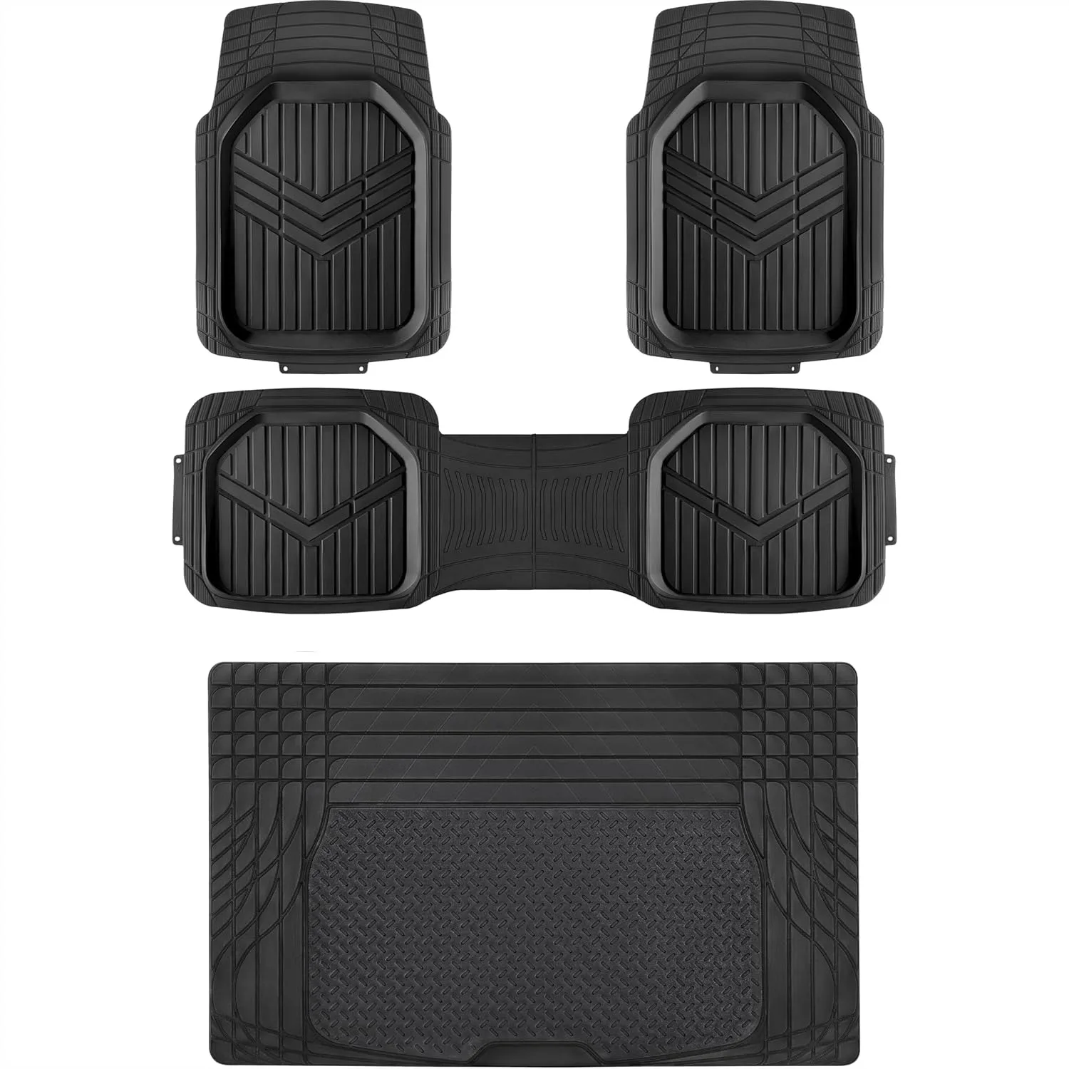 4-Piece Heavy Duty Anti-Slip PVC Floor Mats with Cargo Liner, Waterproof Trim to Fit Car Mats, Easy to Clean Black
4-Piece Heavy Duty Anti-Slip PVC Floor Mats with Cargo Liner, Waterproof Trim to Fit Car Mats, Easy to Clean Black