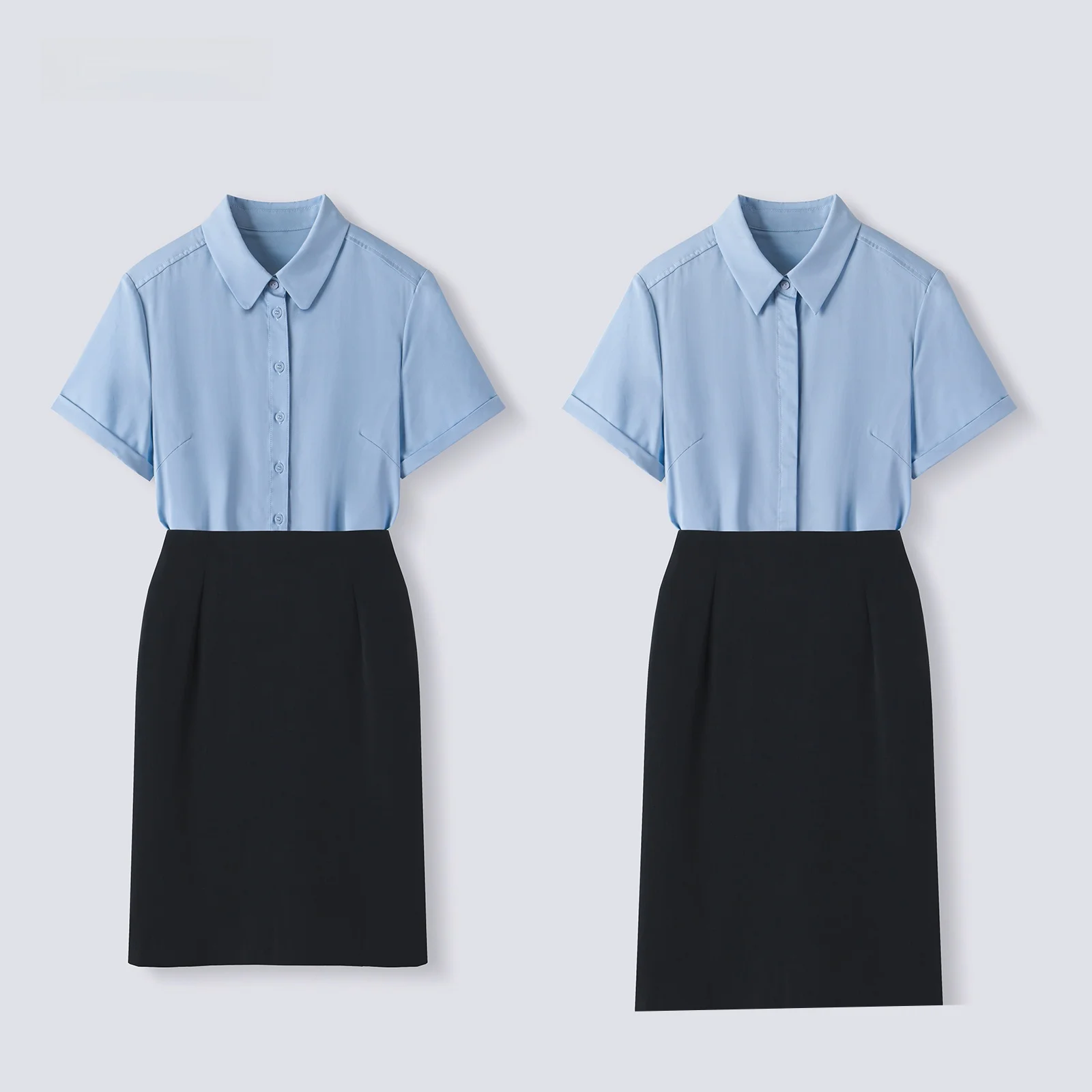 Blue Formal Shirt Short Sleeve round Neck Interview Dress for Women Summer OL Style Straight Cut Polyester Blend Business Suit
Blue Formal Shirt Short Sleeve round Neck Interview Dress for Women Summer OL Style Straight Cut Polyester Blend Business Suit