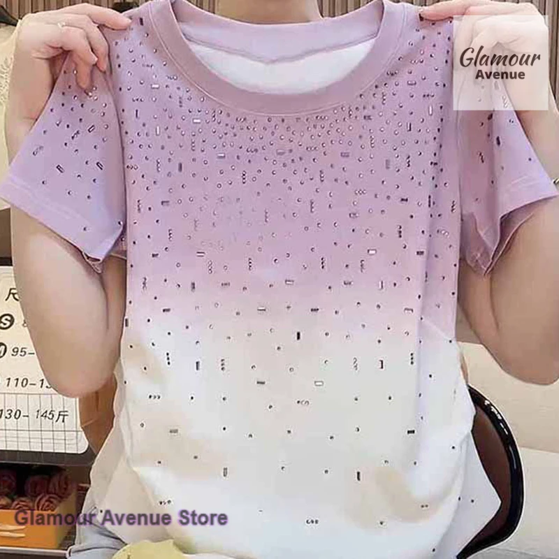 Korean gradient rhinestone short-sleeved T-shirt women's spring and summer new fashion age-reducing meat-covered casual top
Korean gradient rhinestone short-sleeved T-shirt women's spring and summer new fashion age-reducing meat-covered casual top
