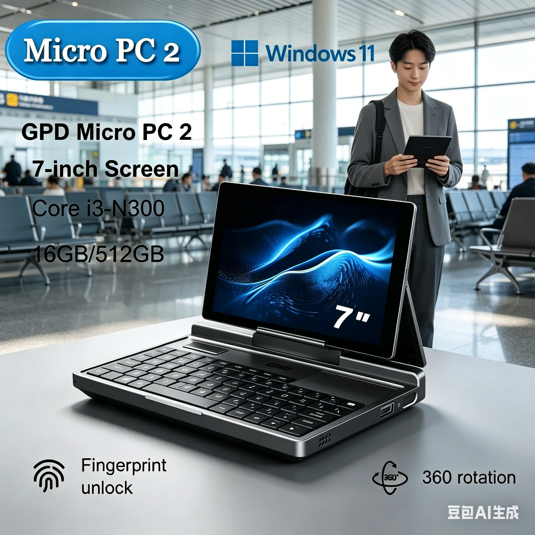 GPD Micro PC 2 Mini Laptop 7 Inch Touch Screen 16GB RAM 512GB SSD N300 CPU Windows 11 Business Mini Laptop Low Power