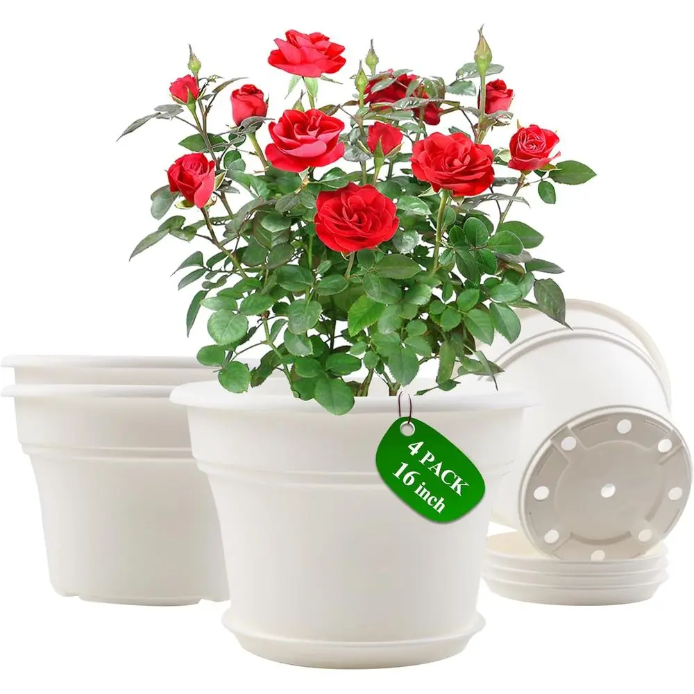 16 Inch Large Plastic Outdoor Planter Pots, 4 Pack with Drainage Holes and Saucers for Indoor and Garden Plants
16 Inch Large Plastic Outdoor Planter Pots, 4 Pack with Drainage Holes and Saucers for Indoor and Garden Plants