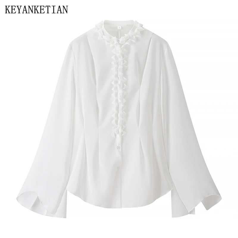 KEYANKETIAN Spring/Autumn New Court style Agaric Decoration White Shirt Women's Stand collar Single Breasted Flare sleeve Top
KEYANKETIAN Spring/Autumn New Court style Agaric Decoration White Shirt Women's Stand collar Single Breasted Flare sleeve Top