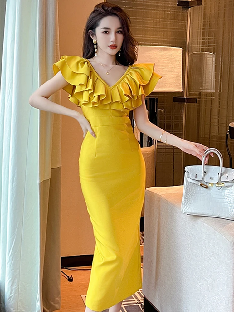 Fashion Summer Yellow Long Evening Dress Women Ladies Clothes Elegant Chic Ruffle V-Neck Slim Midi Prom Robe Femme Mujer Vestido
Fashion Summer Yellow Long Evening Dress Women Ladies Clothes Elegant Chic Ruffle V-Neck Slim Midi Prom Robe Femme Mujer Vestido