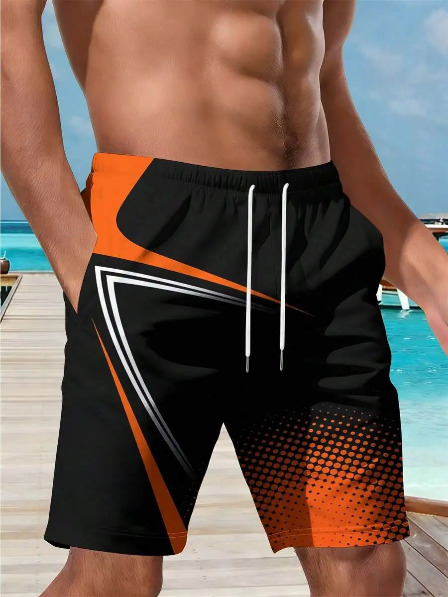Mens Beach Shorts With 3D Geometric Print Black Orange White
Mens Beach Shorts With 3D Geometric Print Black Orange White