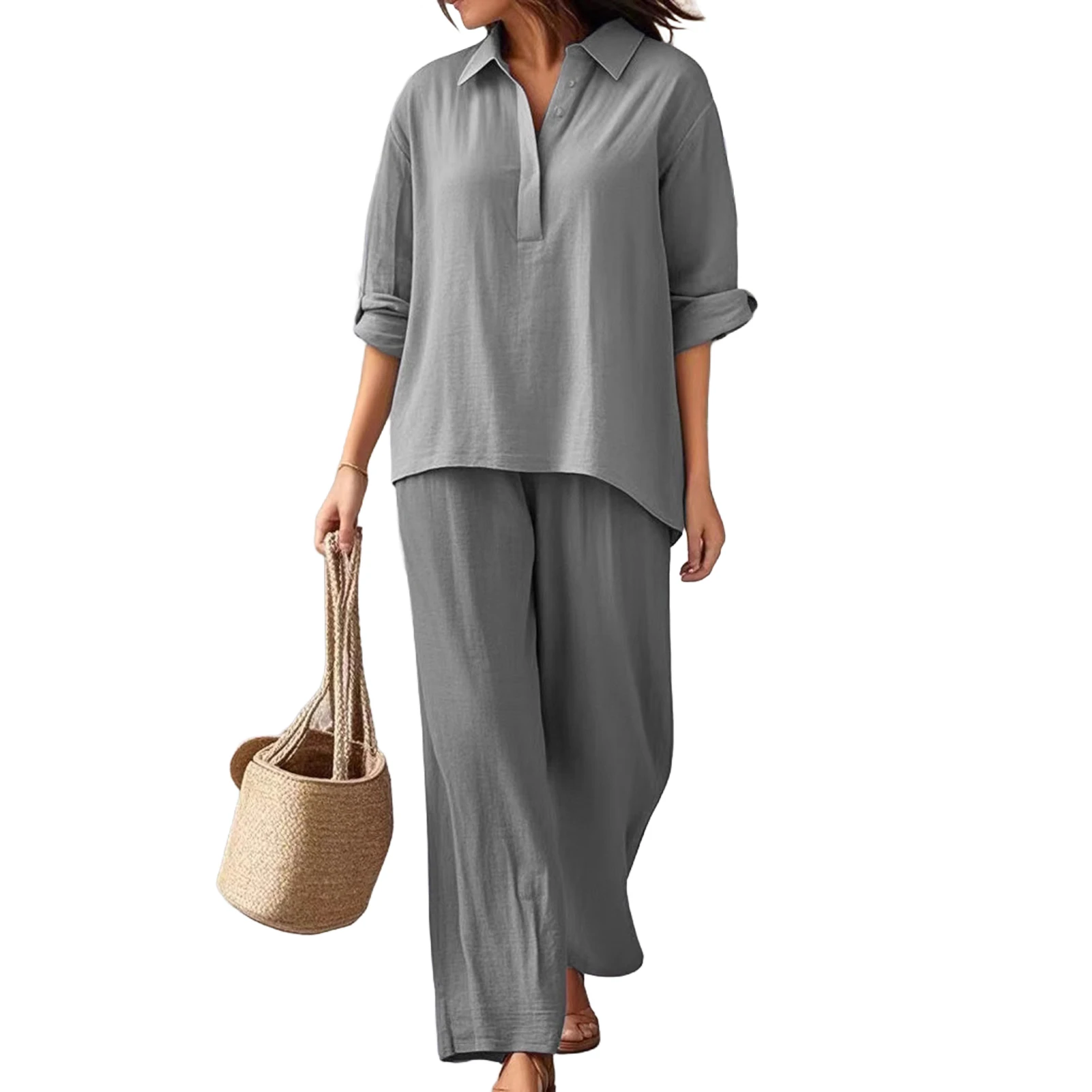 Summer New Solid Color Cotton Linen Women'S Suit 3/4 Sleeve Top Fashion Retro Pocket Wide Leg Trousers Female Casual 2 Piece Set