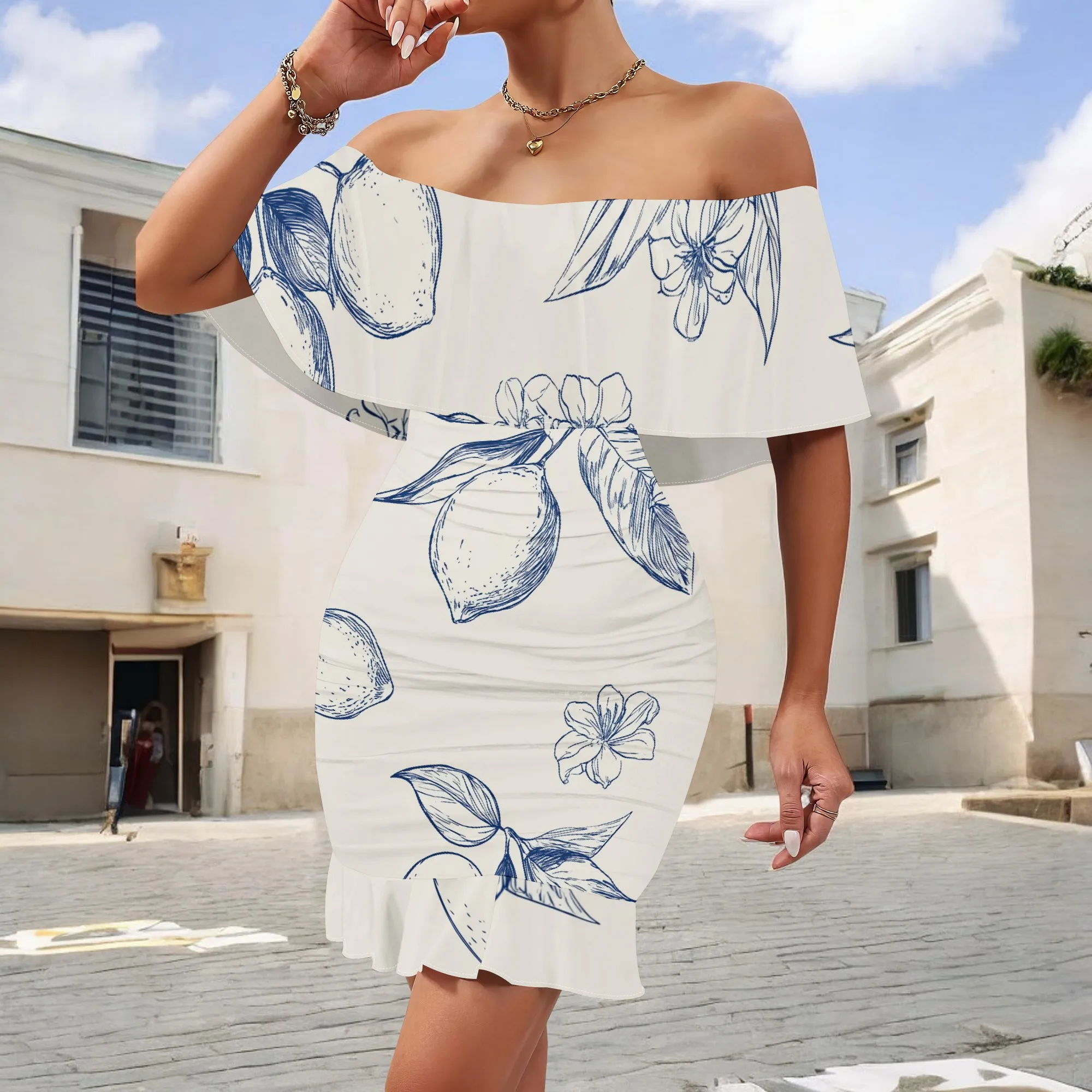 Lemon Floral Print Off Shoulder Mini Dress S-3XL Ruffle Hem Slim Fit for Summer Picnic, Beach Vacation or Garden Party Outfit
Lemon Floral Print Off Shoulder Mini Dress S-3XL Ruffle Hem Slim Fit for Summer Picnic, Beach Vacation or Garden Party Outfit