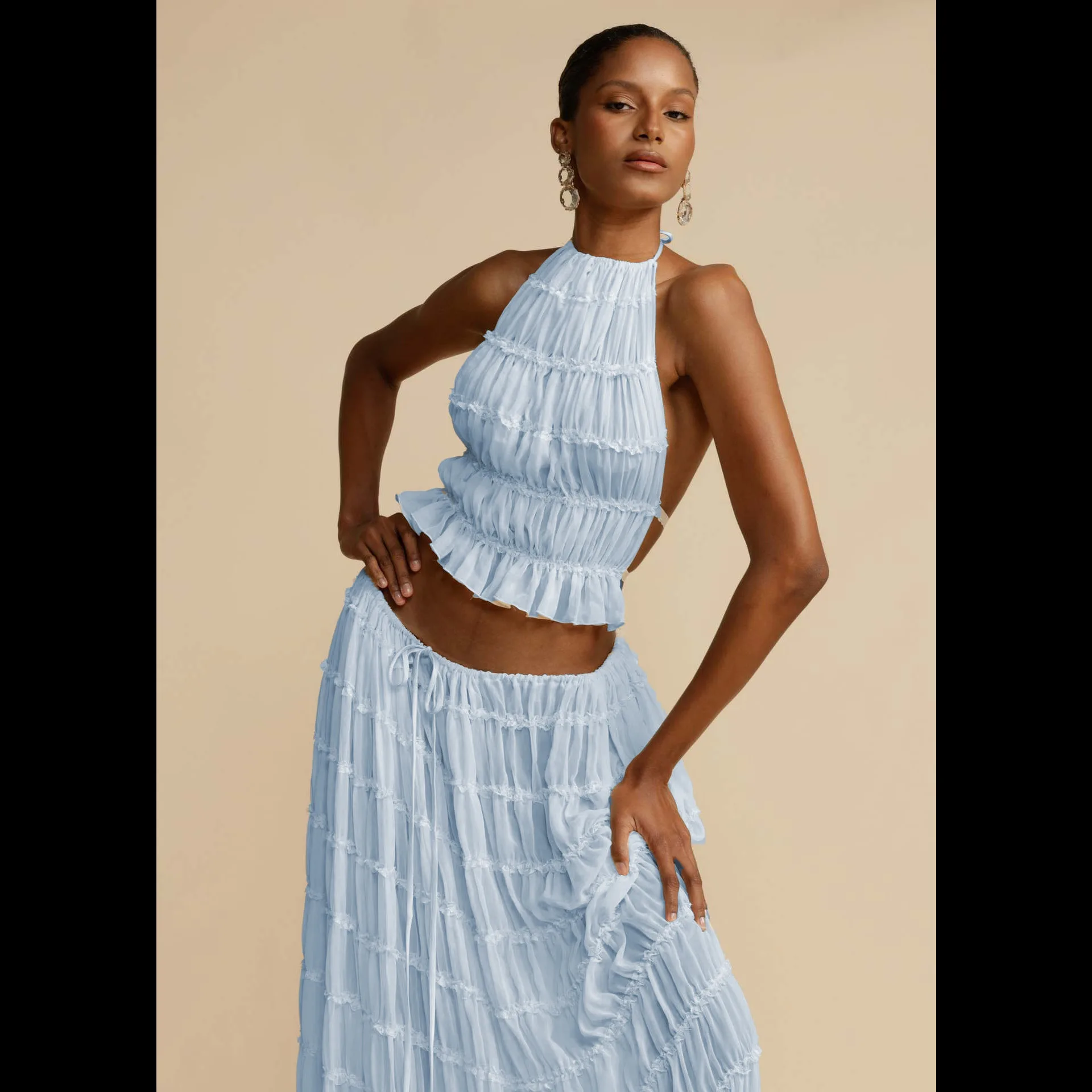 2026 Spring Summer Women's Sexy Backless Halter Tie Ruched Lace Trim Cami Maxi Dress Set
2026 Spring Summer Women's Sexy Backless Halter Tie Ruched Lace Trim Cami Maxi Dress Set