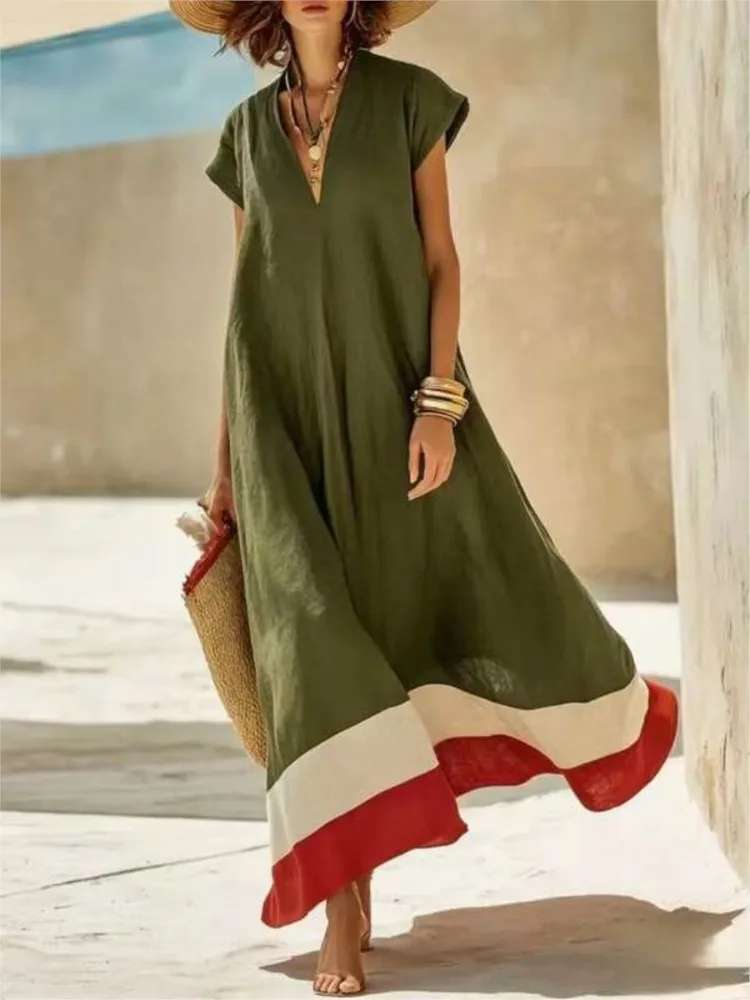 Women's New Solid Loose Maxi Dress Casual V-Neck Short Sleeves Color Matching Long Dress Summer Elegant Beach Holiday Dresses
Women's New Solid Loose Maxi Dress Casual V-Neck Short Sleeves Color Matching Long Dress Summer Elegant Beach Holiday Dresses