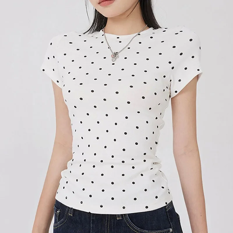 Korean Style Polka Dot Short Sleeve T Shirt For Women Tees Slim O Neck Cotton Tshirts Y2K Woman Clothing 2025 Summer Tops Mujer
Korean Style Polka Dot Short Sleeve T Shirt For Women Tees Slim O Neck Cotton Tshirts Y2K Woman Clothing 2025 Summer Tops Mujer