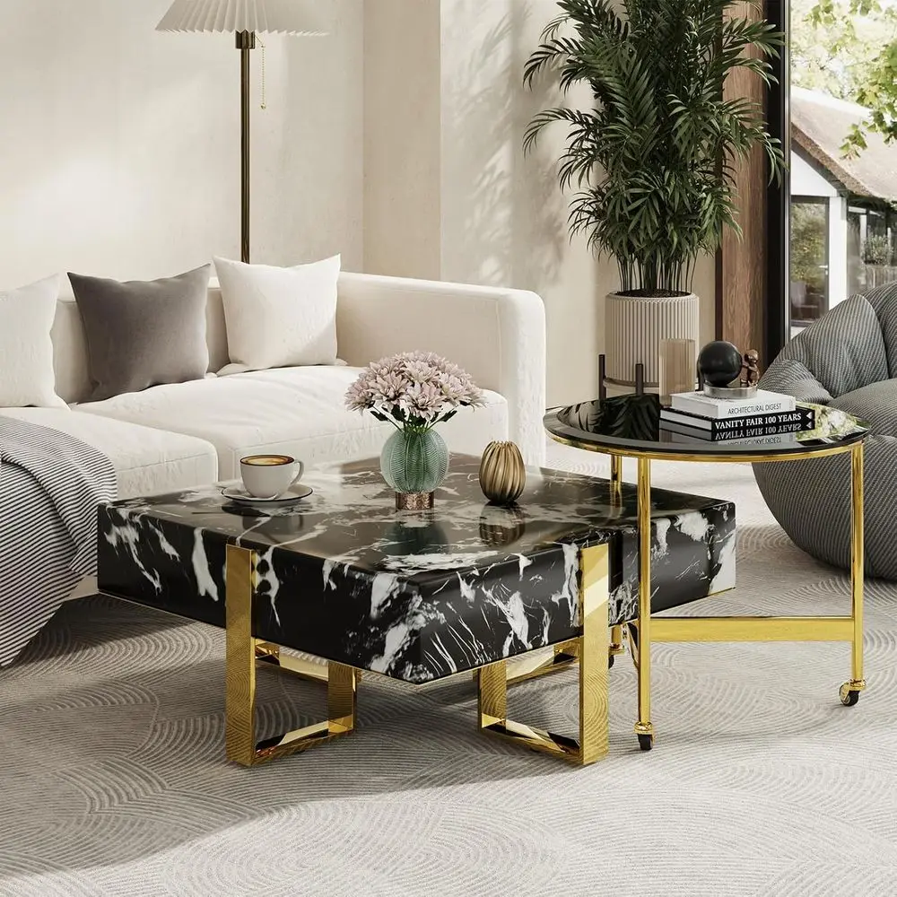 Luxury 2-Piece Coffee Table Set: Square Black Marble & Round End Table with Polished Gold Stainless Steel Base for Living Room a
Luxury 2-Piece Coffee Table Set: Square Black Marble & Round End Table with Polished Gold Stainless Steel Base for Living Room a