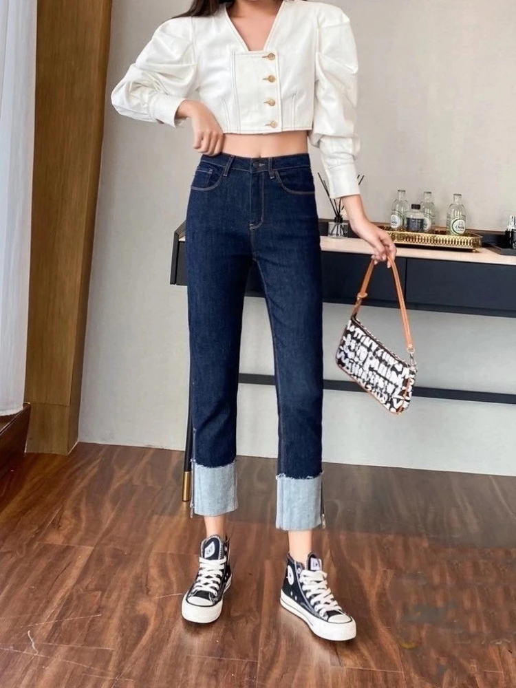 Trendy Hong Kong Style Women's Loose Fit Color Blocking Zipper Detail Black Cigarette Leg Cropped Jeans Ultra Slimming New
Trendy Hong Kong Style Women's Loose Fit Color Blocking Zipper Detail Black Cigarette Leg Cropped Jeans Ultra Slimming New