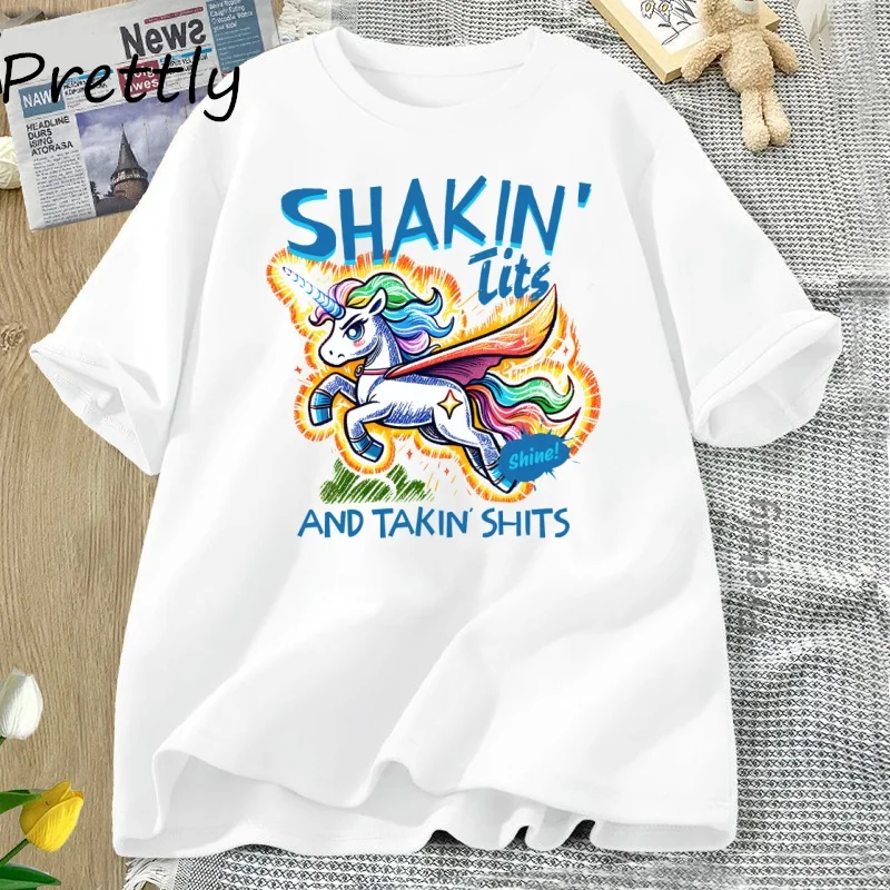 Футболка с рисунком Shakin Tits, забавная хлопковая футболка с короткими рукавами и единорогом, женский пуловер, футболка с круглым вырезом, женская одежда
Футболка с рисунком Shakin Tits, забавная хлопковая футболка с короткими рукавами и единорогом, женский пуловер, футболка с круглым вырезом, женская одежда
