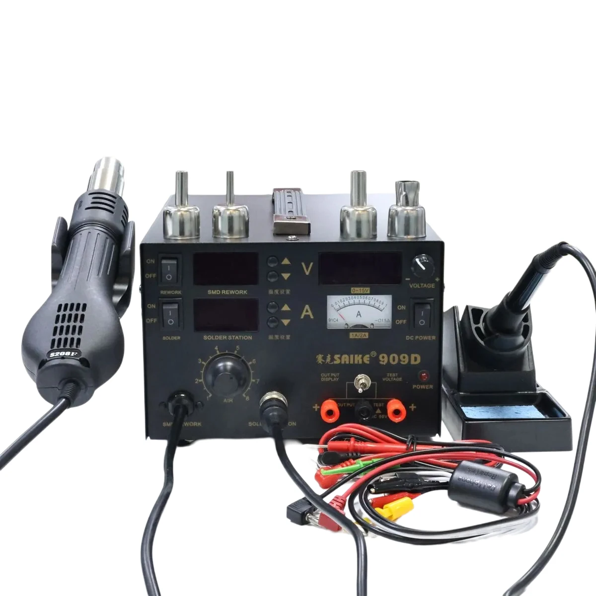 SAIKE 909D 3 in 1 Soldering Station Hot Air Gun Desoldering Electric Iron Welding 1A/2A 0-15V DC Regulated Power Supply
SAIKE 909D 3 in 1 Soldering Station Hot Air Gun Desoldering Electric Iron Welding 1A/2A 0-15V DC Regulated Power Supply