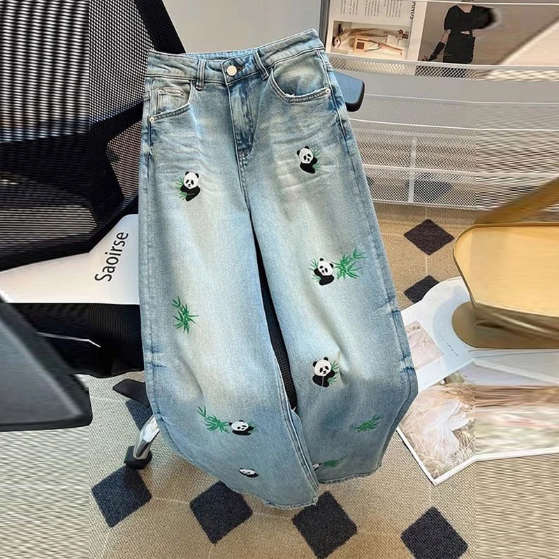 Women Clothing Trendy Funny Cute Panda Embroidery Wide Leg Jeans Female High Waist Streetwear Casual Loose Straight Denim Pants
Women Clothing Trendy Funny Cute Panda Embroidery Wide Leg Jeans Female High Waist Streetwear Casual Loose Straight Denim Pants