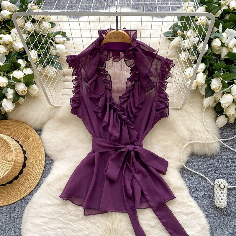 2025 Ruffles Bandage See Through Summer Fashion Blouses Chiffon Blouse Women Tops V-neck Slim Waist Sleeveless Shirts
2025 Ruffles Bandage See Through Summer Fashion Blouses Chiffon Blouse Women Tops V-neck Slim Waist Sleeveless Shirts
