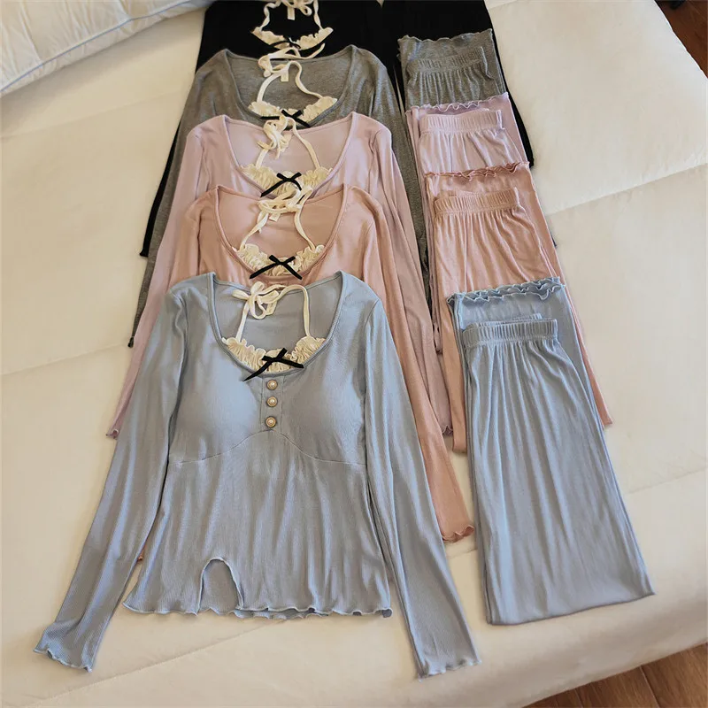 Pajamas Set Woman New Chest Pad Long Sleeve Top Trousers Sets Modal Sleepwear Pijama Female Lounge Sleep Suit Home Clothing
Pajamas Set Woman New Chest Pad Long Sleeve Top Trousers Sets Modal Sleepwear Pijama Female Lounge Sleep Suit Home Clothing