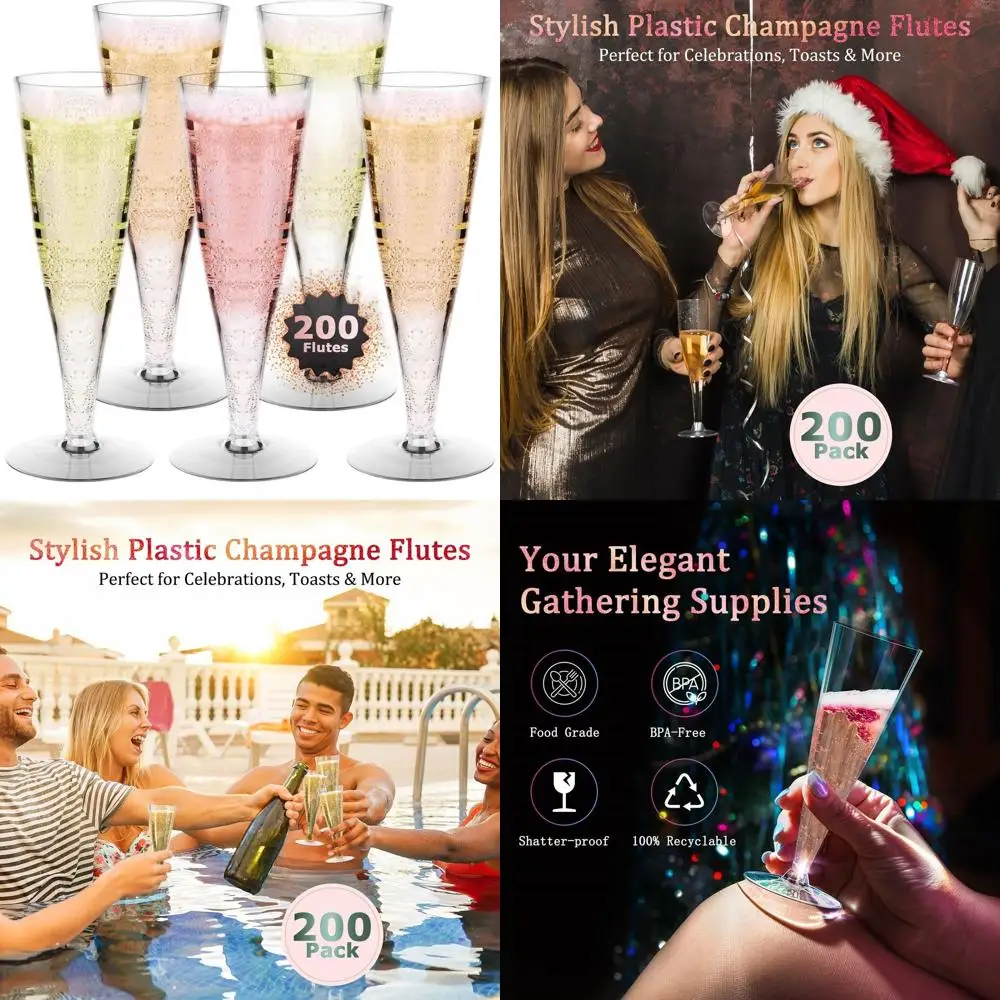 200 Disposable Clear Plastic Champagne Flutes, 4.5 Oz, Ideal for Parties, Weddings, and Cocktail Events
200 Disposable Clear Plastic Champagne Flutes, 4.5 Oz, Ideal for Parties, Weddings, and Cocktail Events
