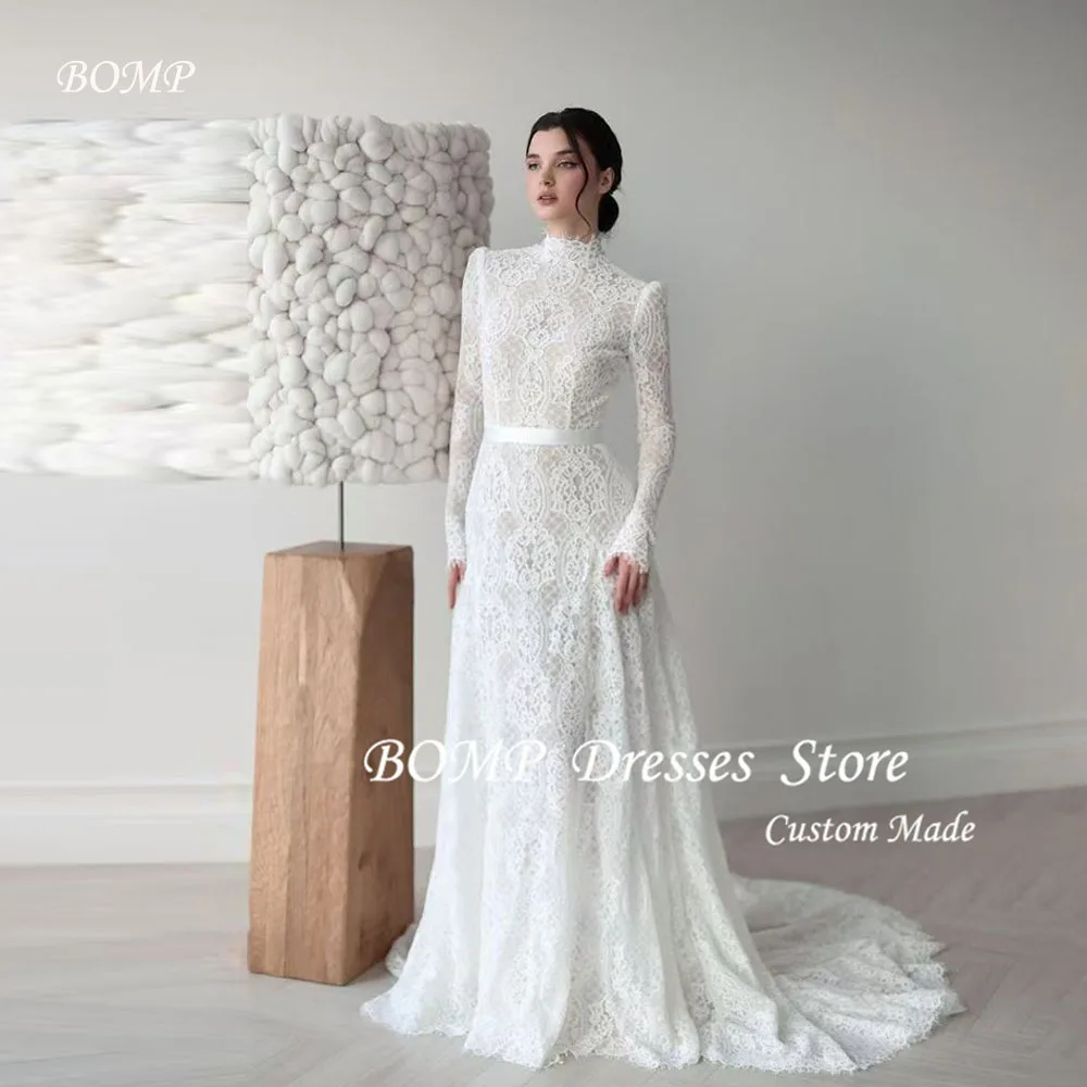 BOMP High Neck Long Sleeves Full Lace Wedding Dresses Modest Sweep Train Bridal Gowns Formal Dubai Arabic Women Customized
BOMP High Neck Long Sleeves Full Lace Wedding Dresses Modest Sweep Train Bridal Gowns Formal Dubai Arabic Women Customized