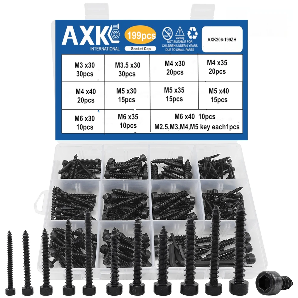 AXK Socket Cap Head Self Tapping Screw Set 199/353pcs M3 M4 M5 M6 Carbon Steel Socket Hexagon Head Wood Metal Plastic Screw
AXK Socket Cap Head Self Tapping Screw Set 199/353pcs M3 M4 M5 M6 Carbon Steel Socket Hexagon Head Wood Metal Plastic Screw