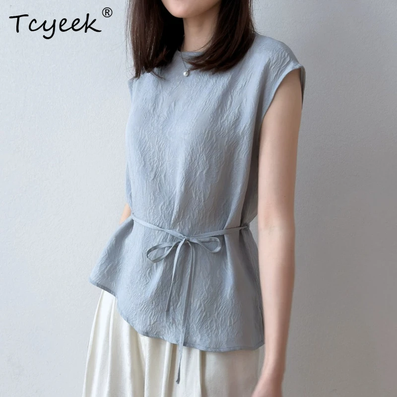 Tcyeek 100% Real Silk Tshirt for Women 2026 Spring Summer Round Collar Breathable Lace-up Top Clothes for Ladies Tops De Mujer
Tcyeek 100% Real Silk Tshirt for Women 2026 Spring Summer Round Collar Breathable Lace-up Top Clothes for Ladies Tops De Mujer