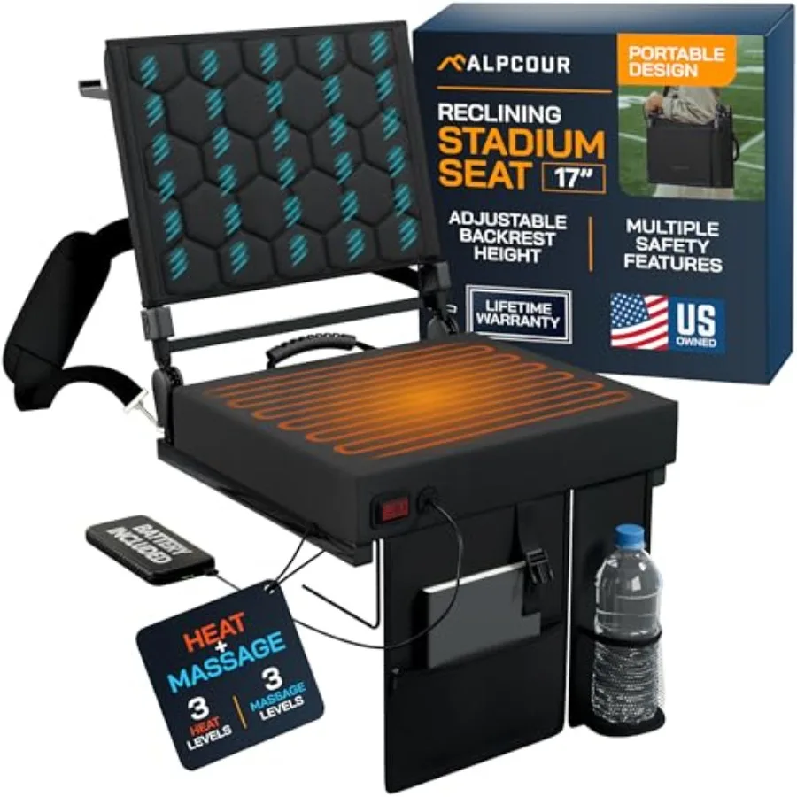 Foldable Reclining Heated Massage Stadium Seat with Multiple Pockets, Anti-Slip Bottom, Bleacher Hooks, Bag Hook, Adjustable He
Foldable Reclining Heated Massage Stadium Seat with Multiple Pockets, Anti-Slip Bottom, Bleacher Hooks, Bag Hook, Adjustable He