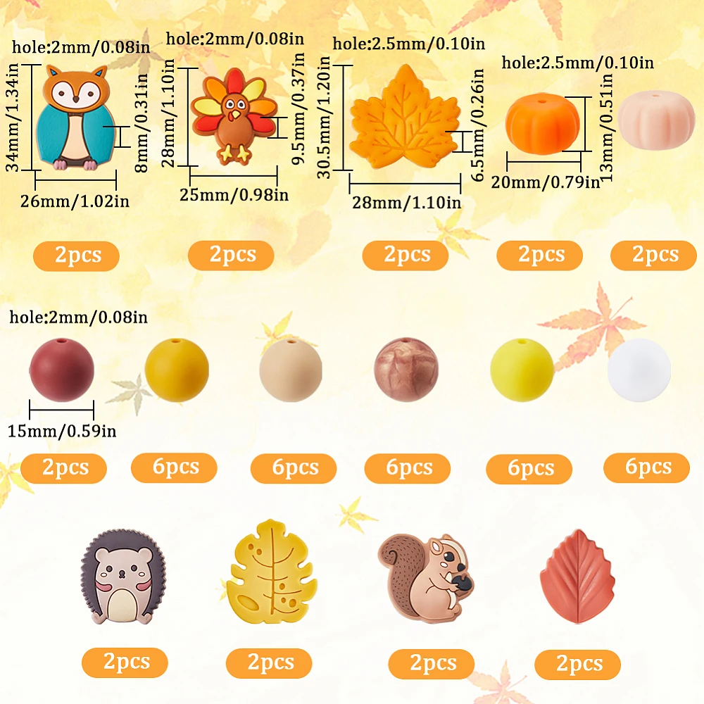 15 Styles Thanksgiving Day Food Grade Eco-Friendly Beads Mixed Shapes Mixed Color 15~34.5x15~32x6.5~15mm Hole: 2~3mm
15 Styles Thanksgiving Day Food Grade Eco-Friendly Beads Mixed Shapes Mixed Color 15~34.5x15~32x6.5~15mm Hole: 2~3mm