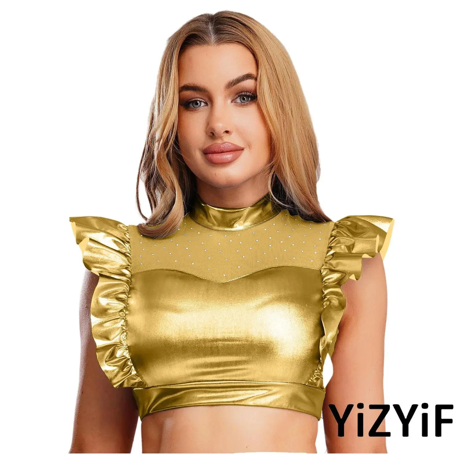 Lady Bold Metallic Crop Top with Strategic Front Sheer Mesh Ruffled Trim Disco Dance Wear for Jazz Hip Hop Dance Music Festival
Lady Bold Metallic Crop Top with Strategic Front Sheer Mesh Ruffled Trim Disco Dance Wear for Jazz Hip Hop Dance Music Festival