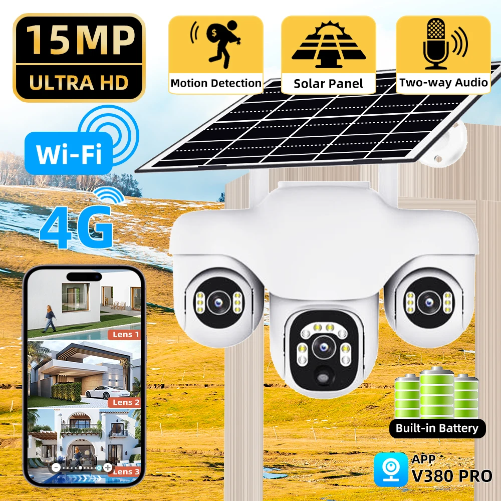 4G IP Solar Camera Triple Lens PTZ 10x Zoom CCTV 15MP Wireless Surveillance Security Protection Cam Human Detection
4G IP Solar Camera Triple Lens PTZ 10x Zoom CCTV 15MP Wireless Surveillance Security Protection Cam Human Detection
