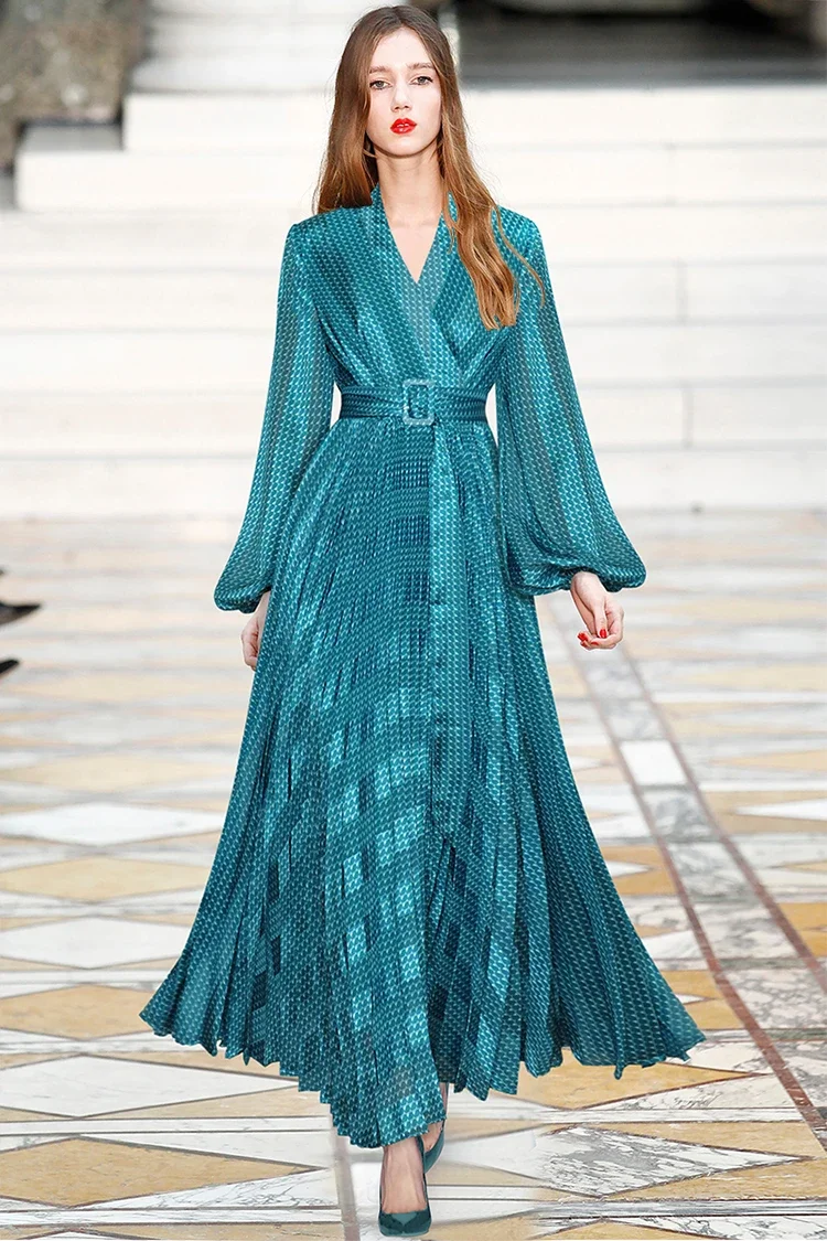 Fashion Designer Autumn Women Dress V Neck Lantern Sleeve Sashes Printed Holiday Elegant Pleated Dresses
Fashion Designer Autumn Women Dress V Neck Lantern Sleeve Sashes Printed Holiday Elegant Pleated Dresses