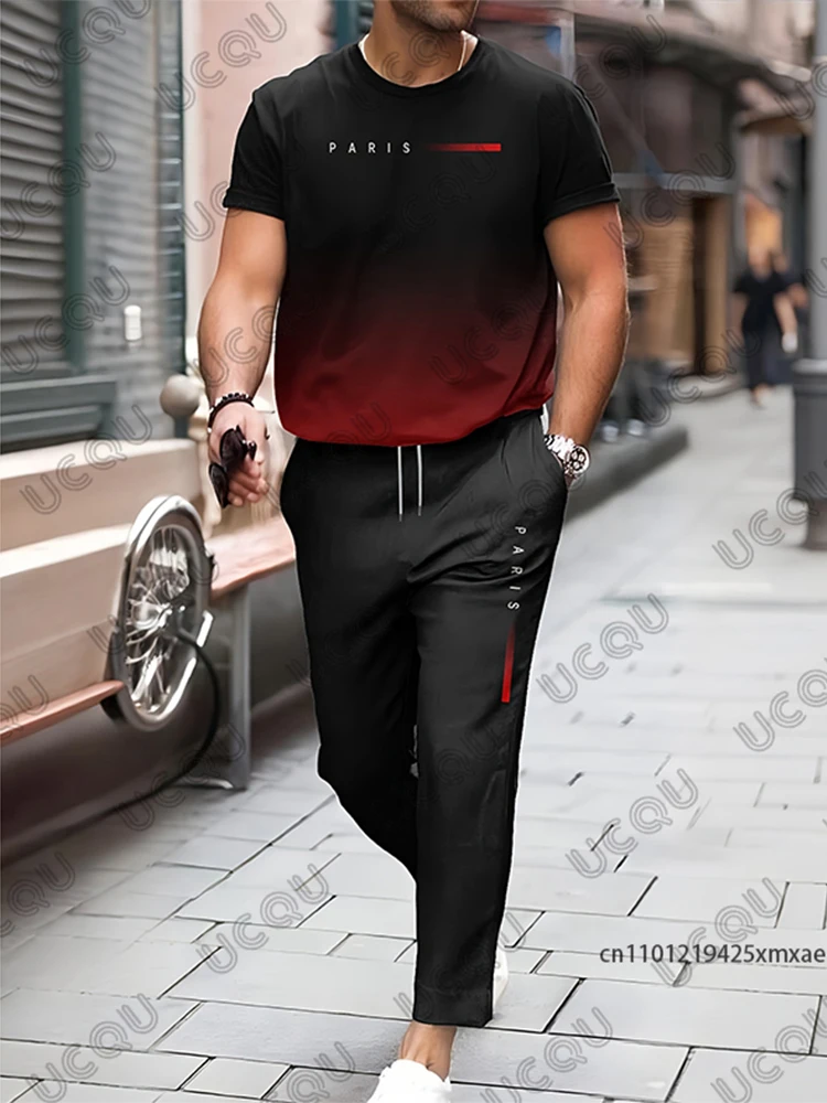 Men's Trousers Tracksuit Gradient Paris Short Sleeve T Shirt+Long Pants Jogger Sportswear Casual Suit Male Clothes 2 Piece Set
Men's Trousers Tracksuit Gradient Paris Short Sleeve T Shirt+Long Pants Jogger Sportswear Casual Suit Male Clothes 2 Piece Set
