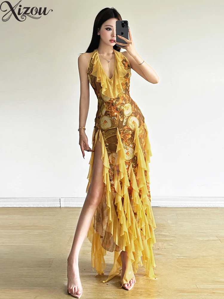 Girl Printing Elegant V-Neck Dress for Lady Lotus Leaf Edge Splicing Split Skinny Vintage 2025 Women's Long Dresses Summer
Girl Printing Elegant V-Neck Dress for Lady Lotus Leaf Edge Splicing Split Skinny Vintage 2025 Women's Long Dresses Summer