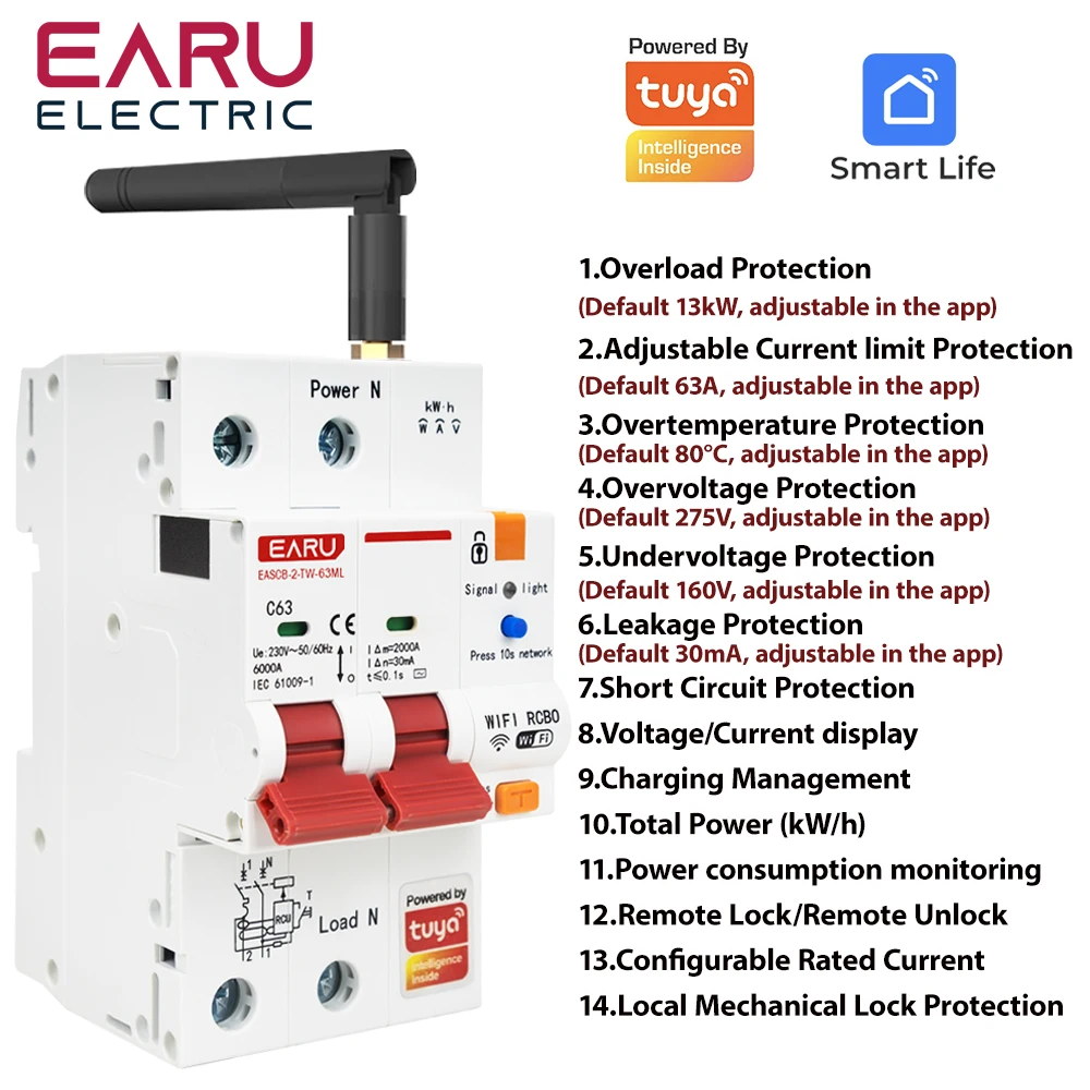 Tuya Smart WiFi + RS485 измерительный автоматический выключатель утечки MCB RCBO AC230V автоматический выключатель с дистанционным управлением с защитой от утечки
Tuya Smart WiFi + RS485 измерительный автоматический выключатель утечки MCB RCBO AC230V автоматический выключатель с дистанционным управлением с защитой от утечки