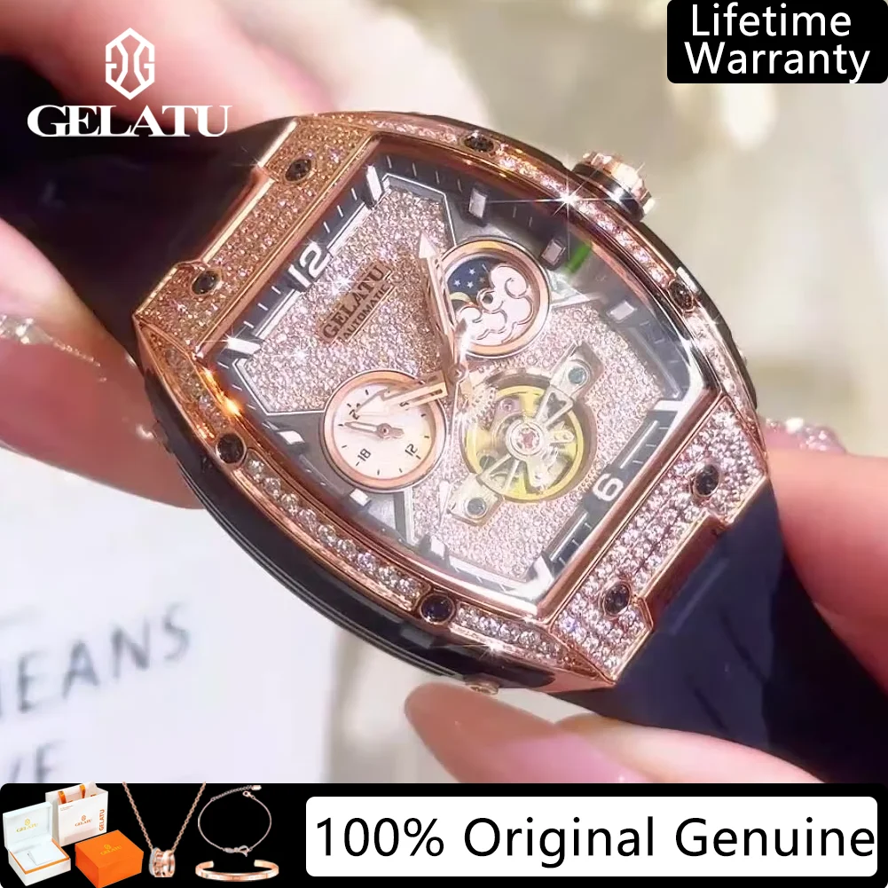 GELATU Full Diamond Automatic Mechanical Women's Watches Luxury Original Hollowed Moon Phase Elegant Ladies Dress Watches 6016
GELATU Full Diamond Automatic Mechanical Women's Watches Luxury Original Hollowed Moon Phase Elegant Ladies Dress Watches 6016