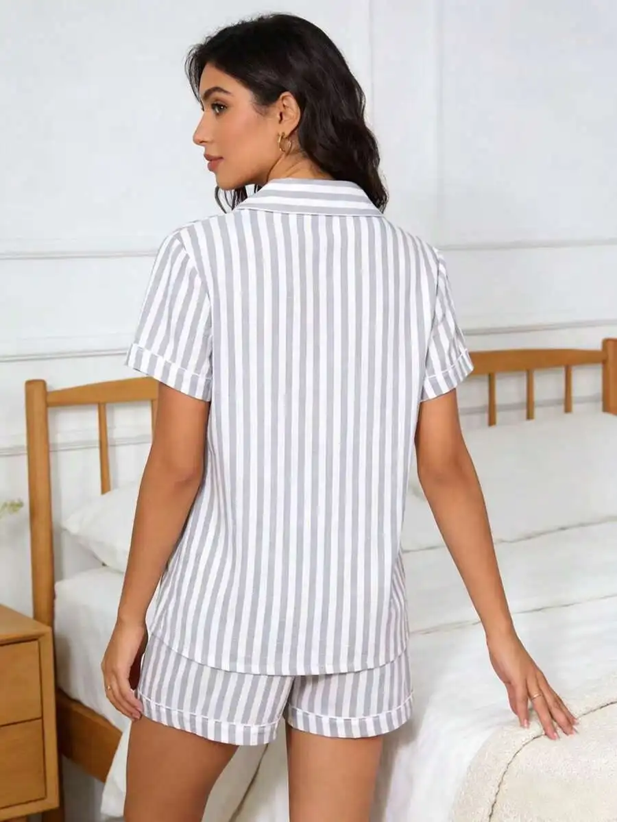 Grey And White Striped Pajama Set Short Sleeve Top And Shorts Soft Breathable Loungewear
Grey And White Striped Pajama Set Short Sleeve Top And Shorts Soft Breathable Loungewear