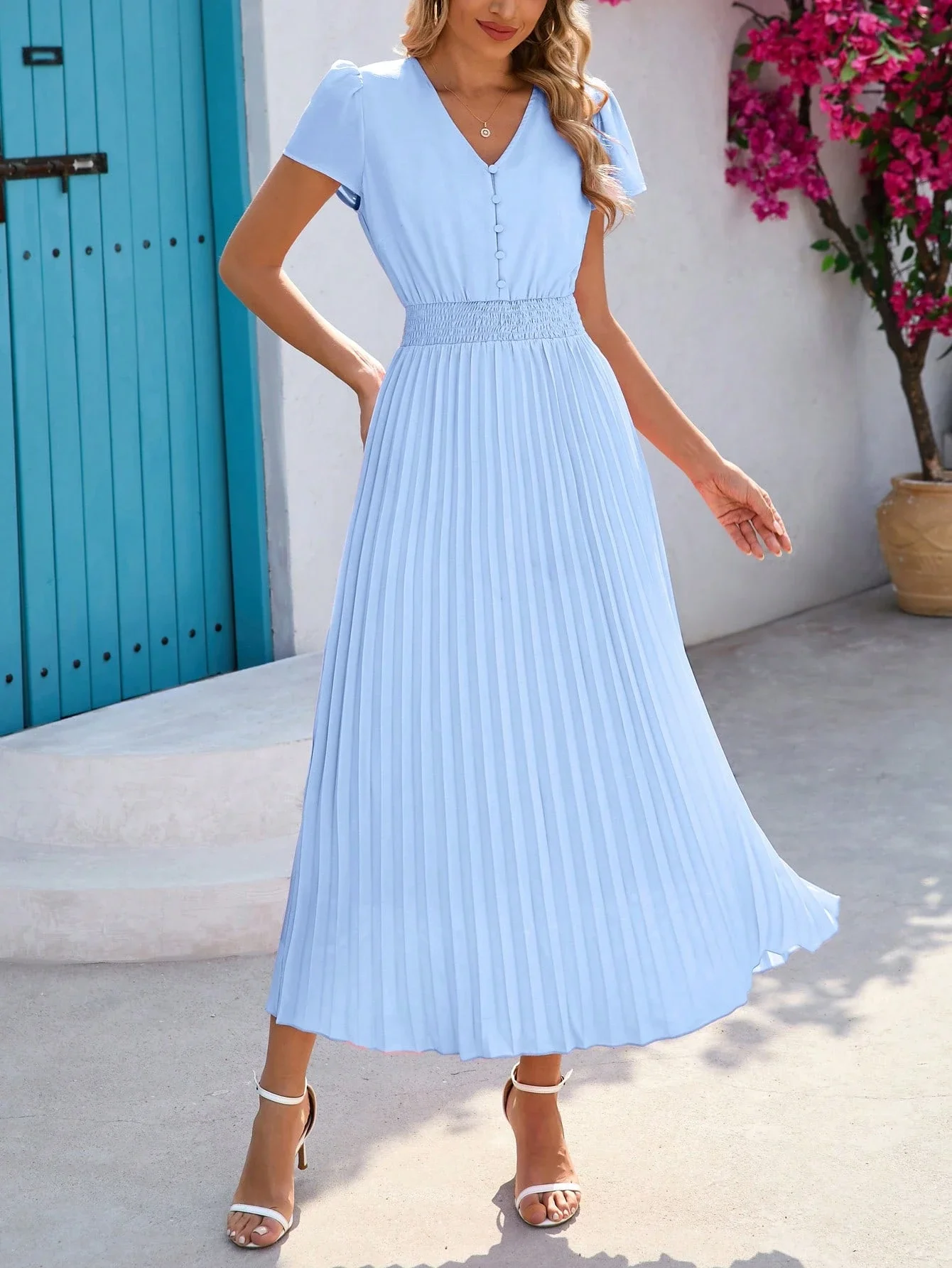 Women Summer Maxi Dress Short Sleeve V Neck High Waist Pleated A-Line Bohemian Beach Holiday Dress
Women Summer Maxi Dress Short Sleeve V Neck High Waist Pleated A-Line Bohemian Beach Holiday Dress