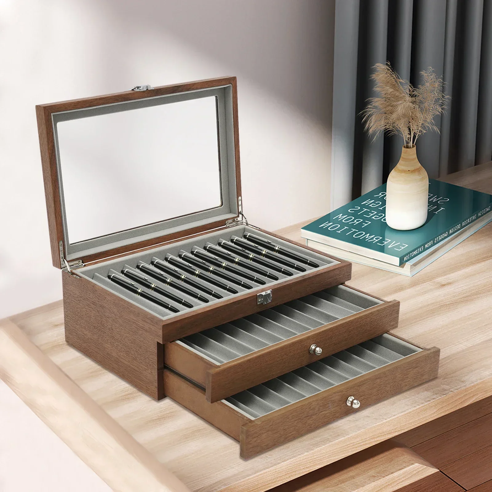 34-слотовый 3-уровневый деревянный органайзер для хранения ручек большой емкости со стеклянной крышкой и бархатной подкладкой Органайзер для хранения ручек для перьевых ручек
34-слотовый 3-уровневый деревянный органайзер для хранения ручек большой емкости со стеклянной крышкой и бархатной подкладкой Органайзер для хранения ручек для перьевых ручек